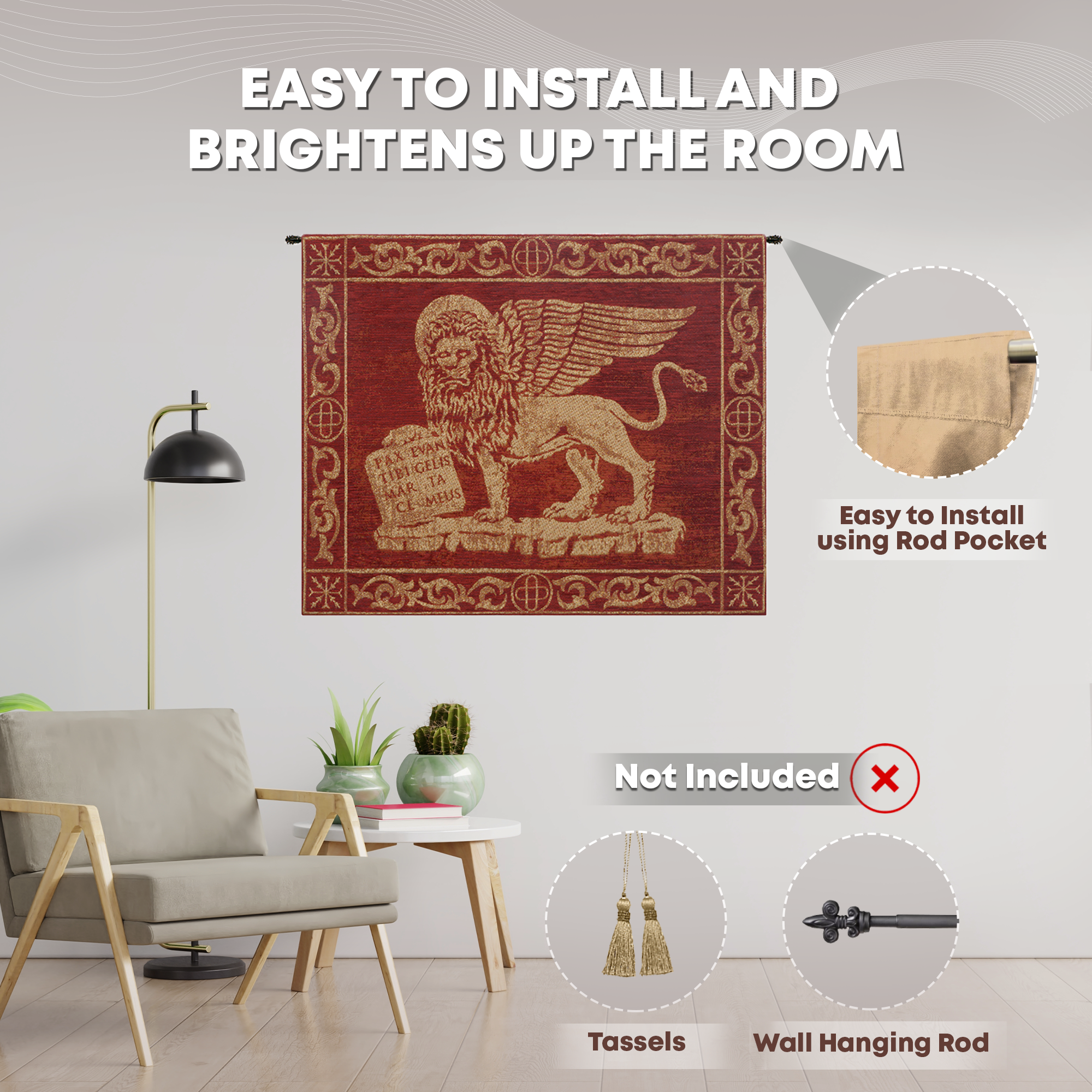 Alberto Passini Leone Rosso Tapestry Wall Hanging 20 x 26 in Medieval Heraldic Lion Jacquard Woven Italian Decor