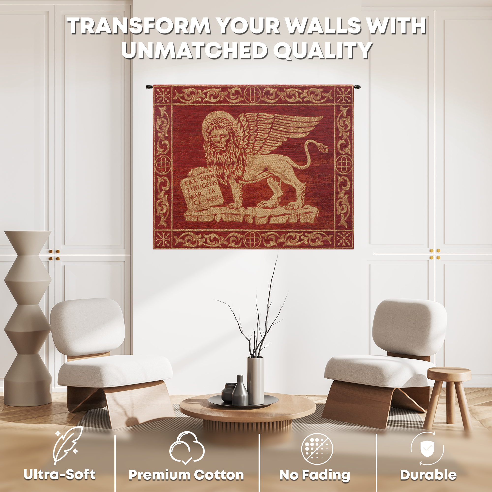 Alberto Passini Leone Rosso Tapestry Wall Hanging 20 x 26 in Medieval Heraldic Lion Jacquard Woven Italian Decor