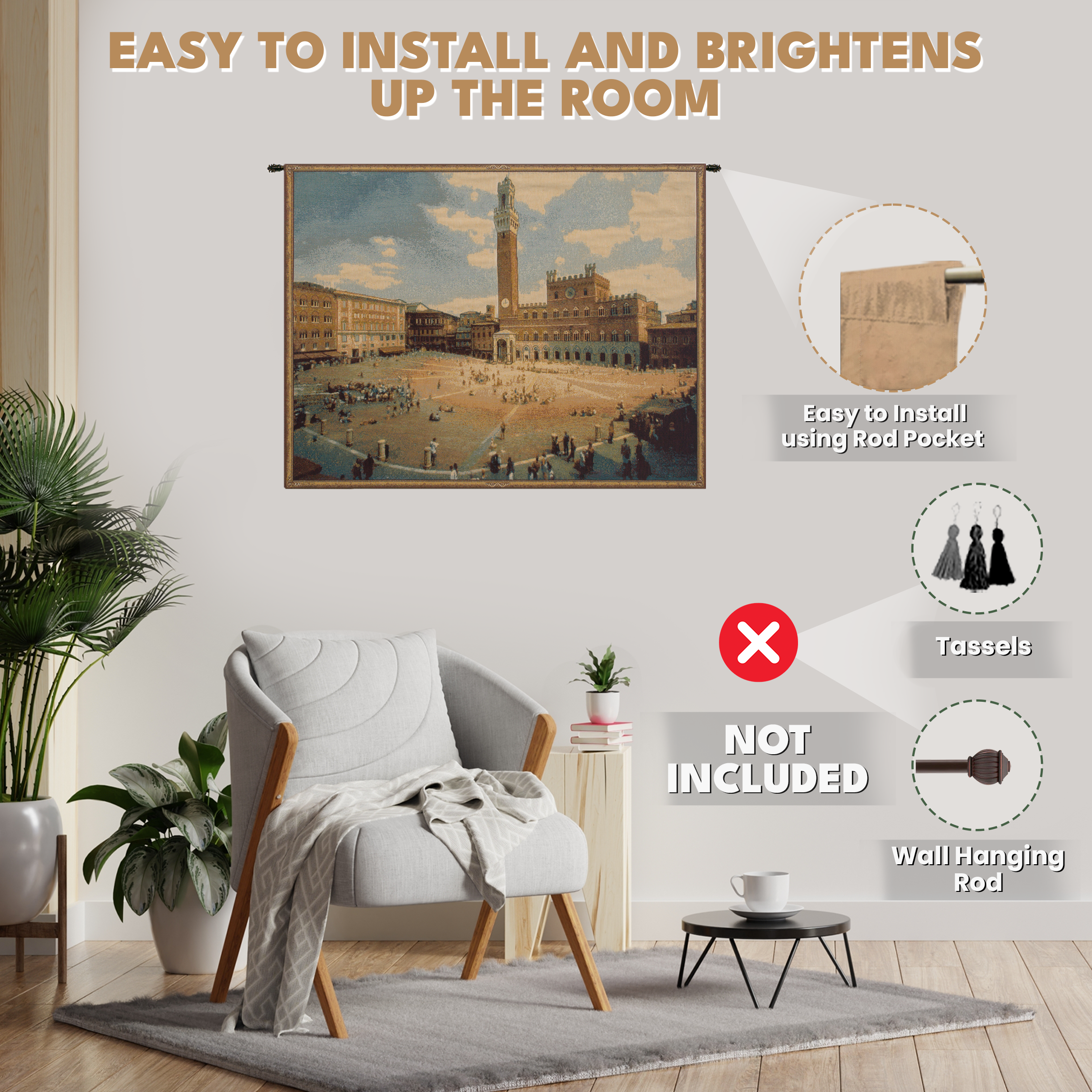 Alessia Cara Siena Square Tapestry Wall Hanging 12 x 19 in Tuscany Italian Cityscape Jacquard Woven Wall Decor