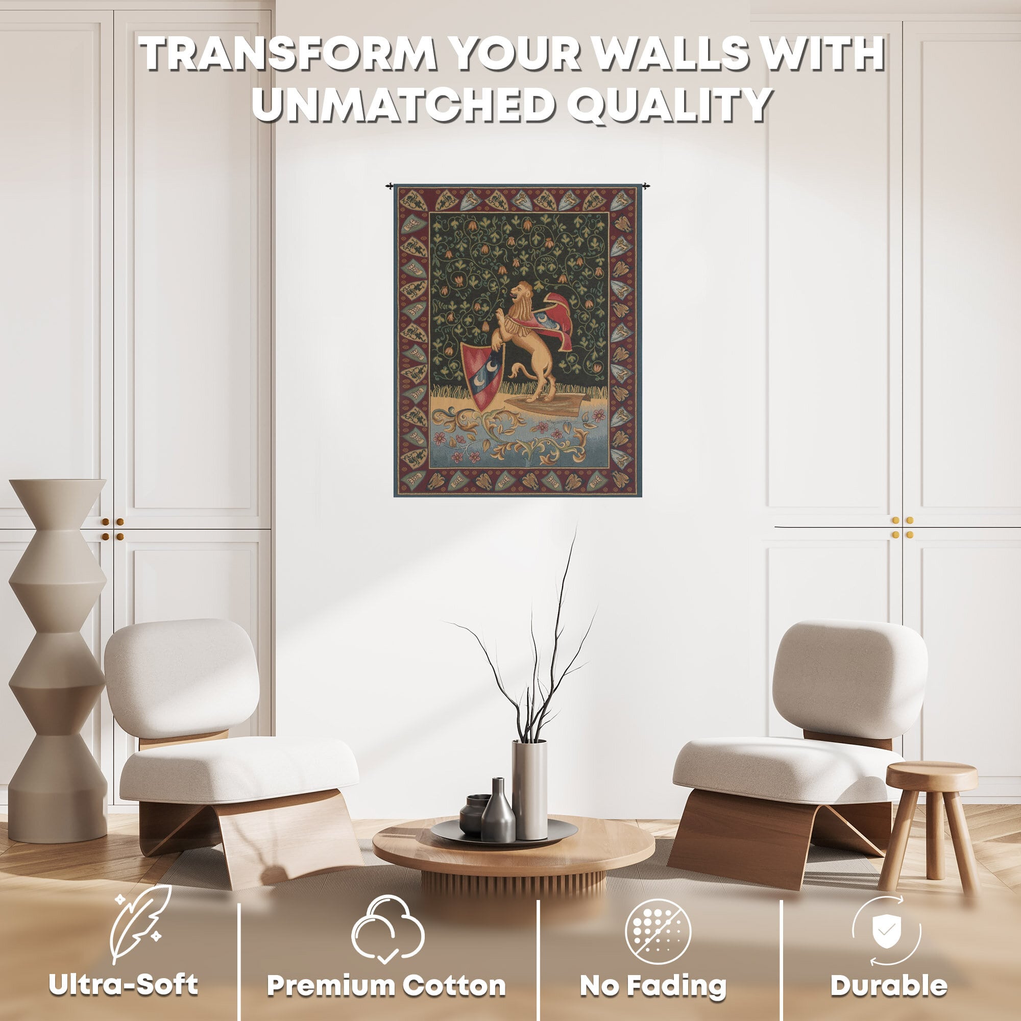 Alberto Passini Lion Medieval Tapestry Wall Hanging 33 x 26 in Heraldic Lion Jacquard Woven Wall Art Castle Decor
