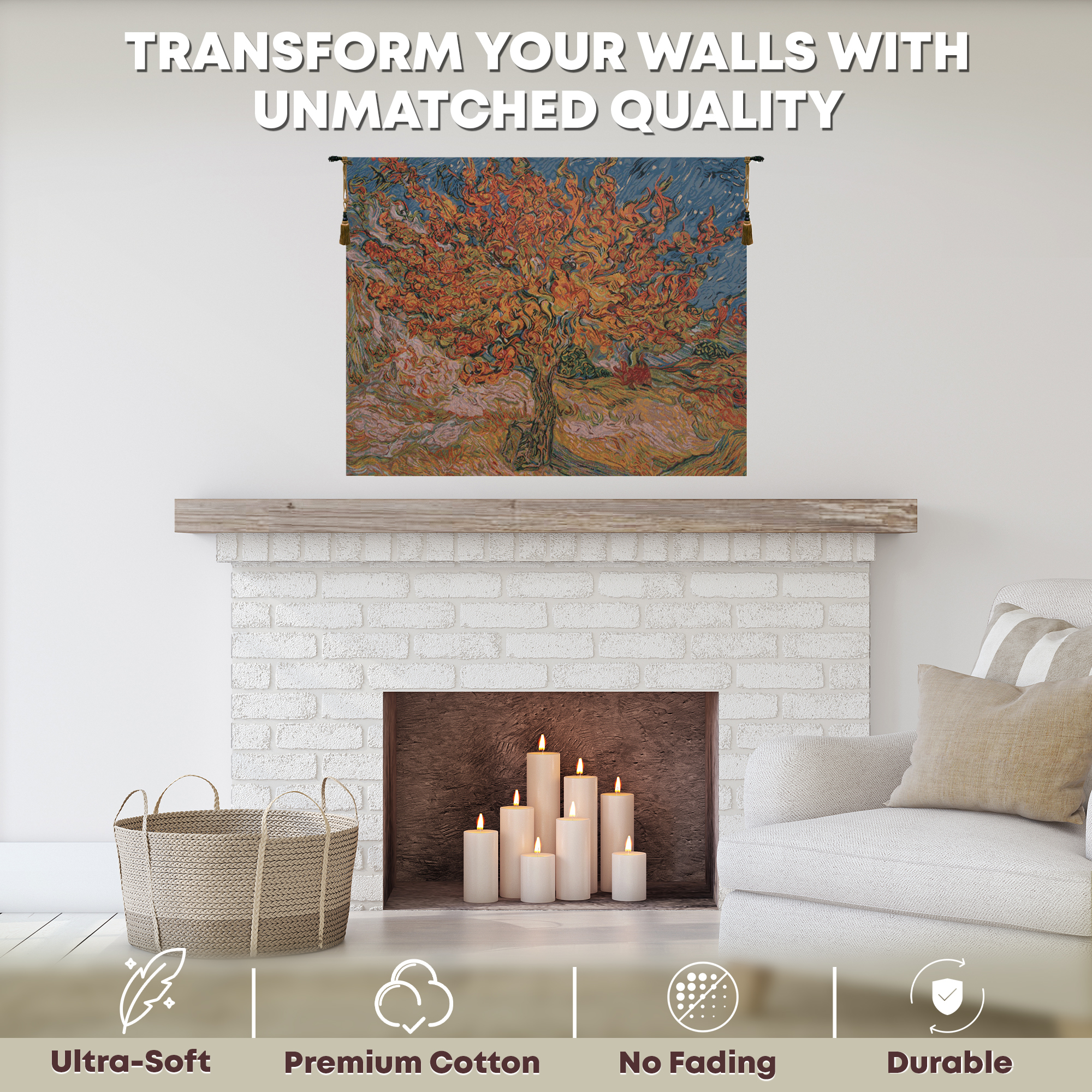 Vincent Van Gogh The Mulberry Tree Vintage Tapestry Wall Hanging 26 x 34 in Post Impressionist Landscape Jacquard Woven Wall Art