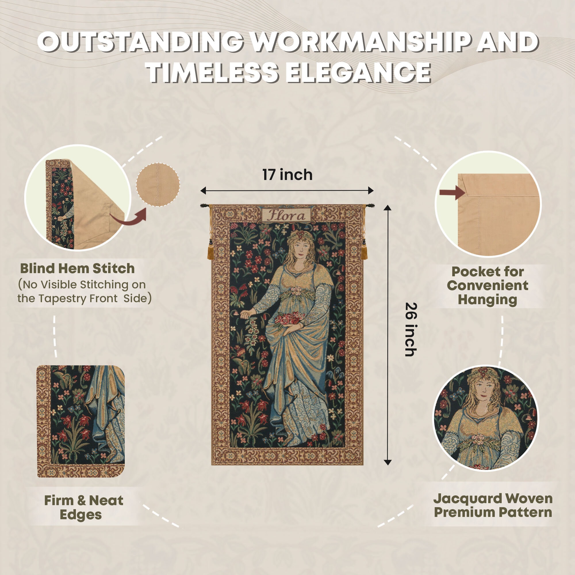 William Morris The Flora Tapestry Wall Hanging 26 x 17 in Pre-Raphaelite Floral Woman Jacquard Woven Wall Art