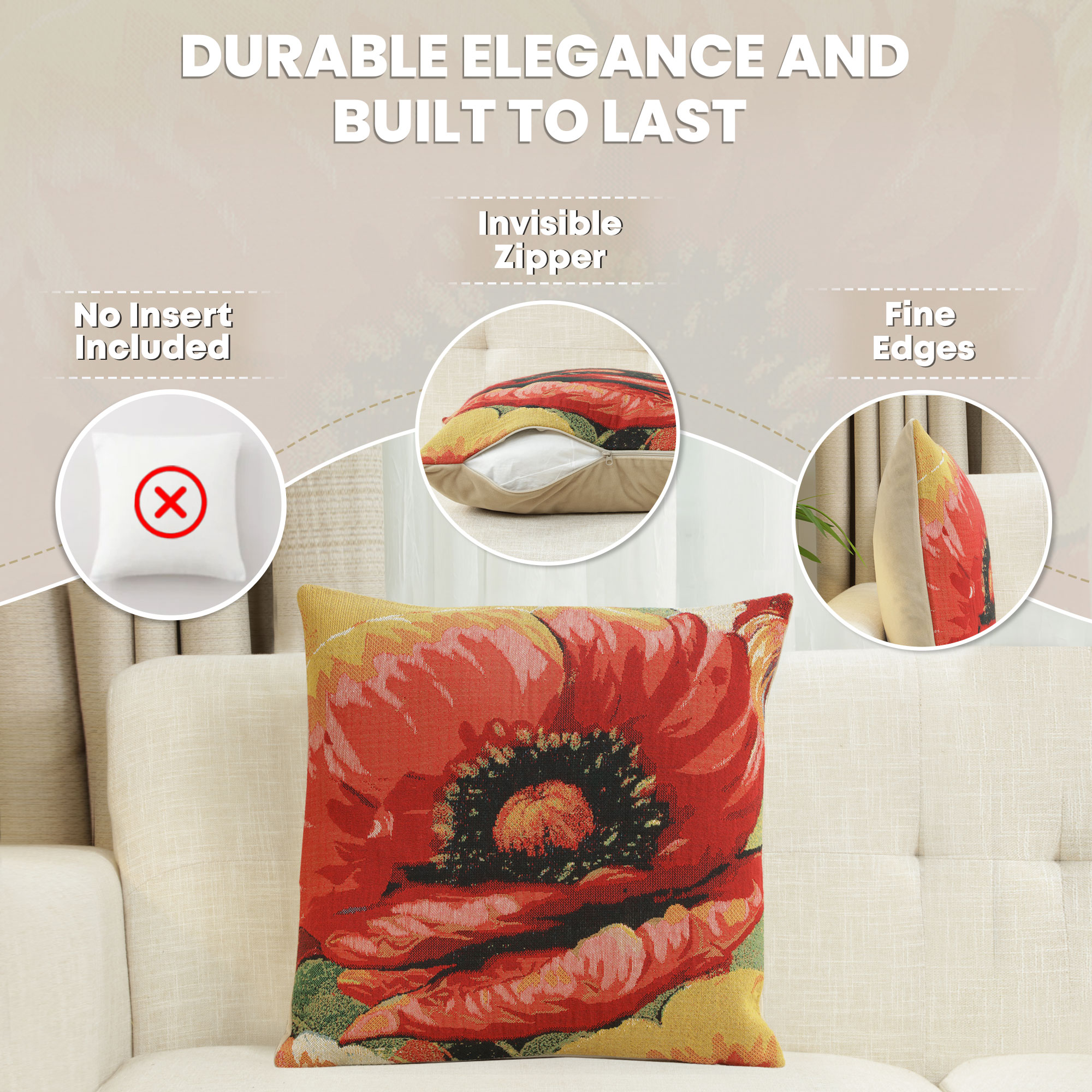 Floral Poppies Tapestry Pillow Cover 16x16 Inch Cotton Jacquard Woven Cushion Cover