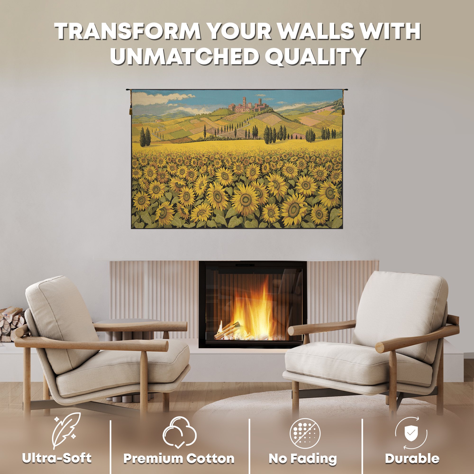 Alberto Passini Tuscan Sunflower Landscape Italian Tapestry Wall Hanging 35x25 Inch Cotton Jacquard Woven Wall Tapestry