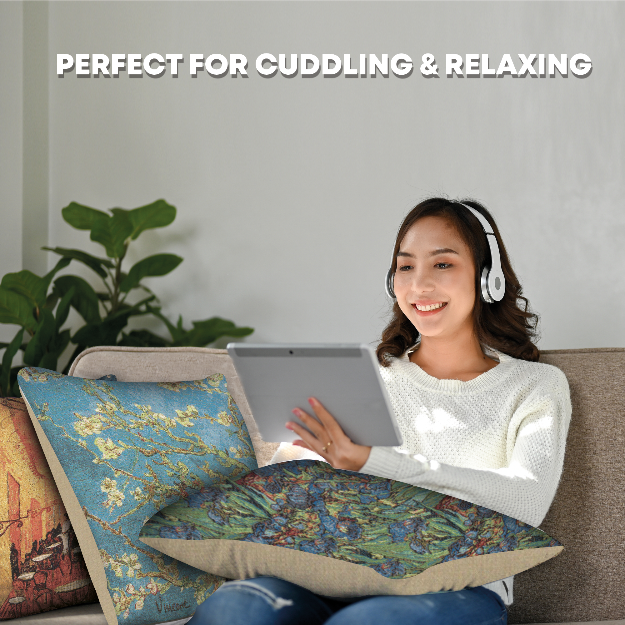Vincent Van Gogh Almond Blossoms Tapestry Pillow Cover 18x18 Inch Cotton Jacquard Woven Cushion Cover
