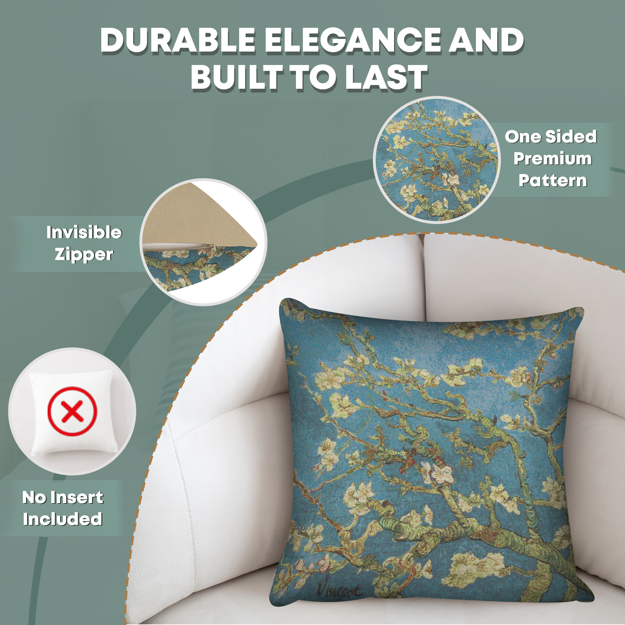 Vincent Van Gogh Almond Blossoms Tapestry Pillow Cover 18x18 Inch Cotton Jacquard Woven Cushion Cover