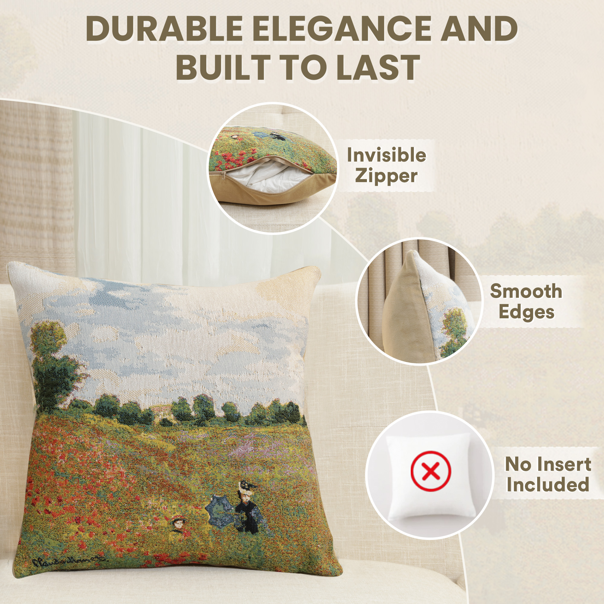 Claude Monet Poppy Field Tapestry Pillow Cover 18x18 Inch Cotton Jacquard Woven Cushion Cover
