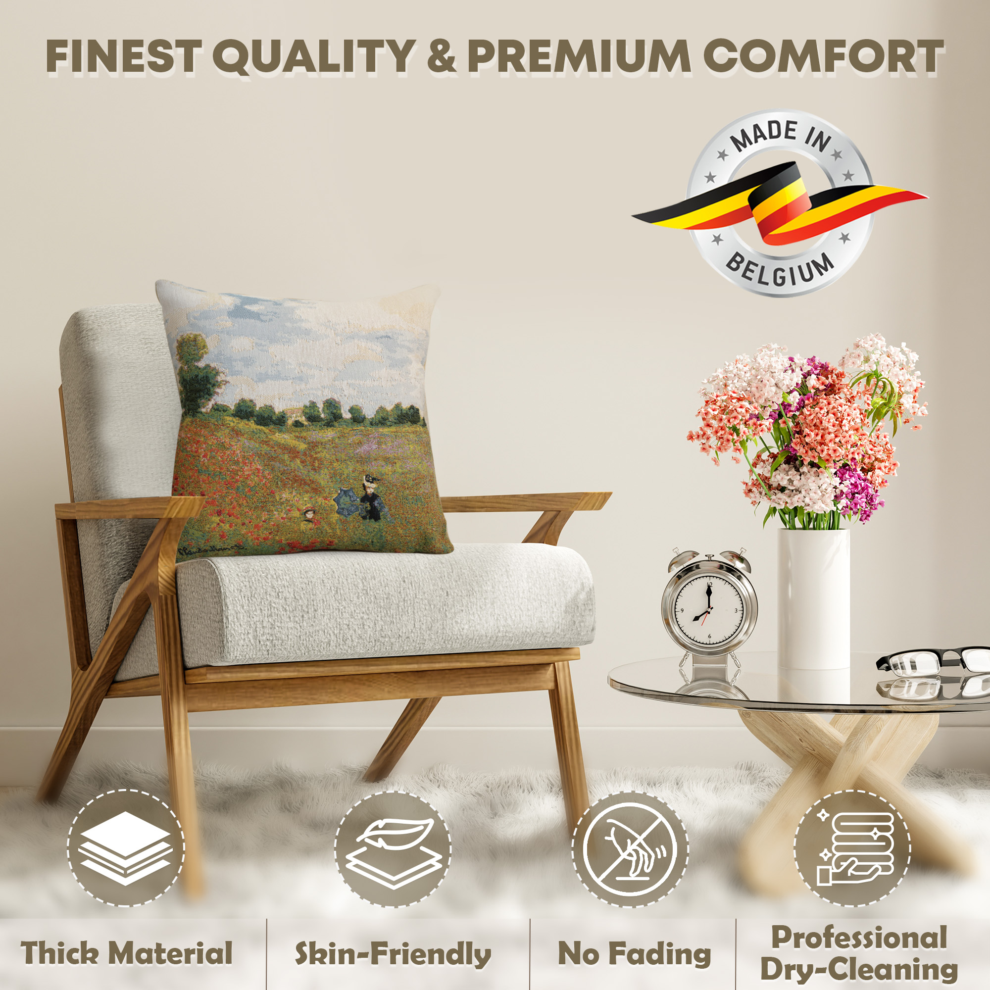 Claude Monet Poppy Field Tapestry Pillow Cover 18x18 Inch Cotton Jacquard Woven Cushion Cover