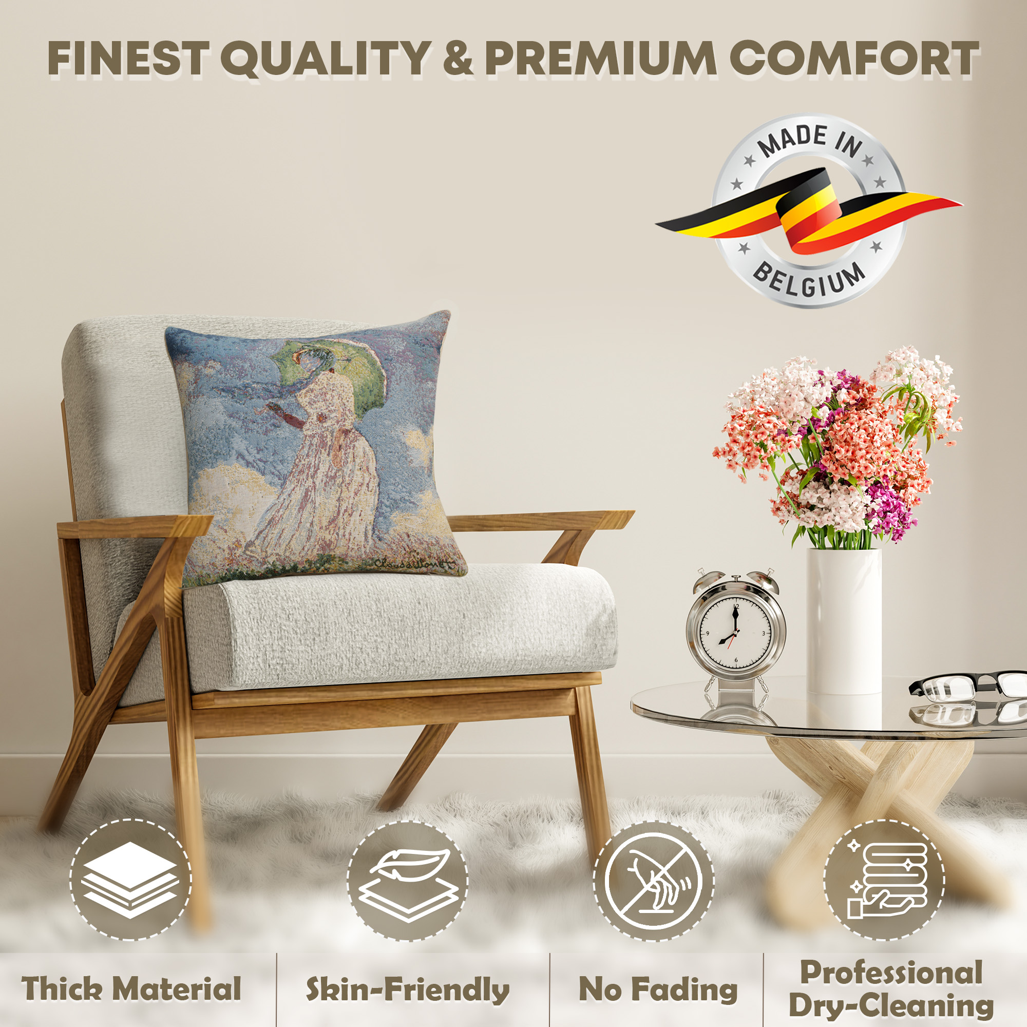 Claude Monet Lady with Umbrella Tapestry Pillow Cover 18x18 Inch Cotton Jacquard Woven Cushion Cover