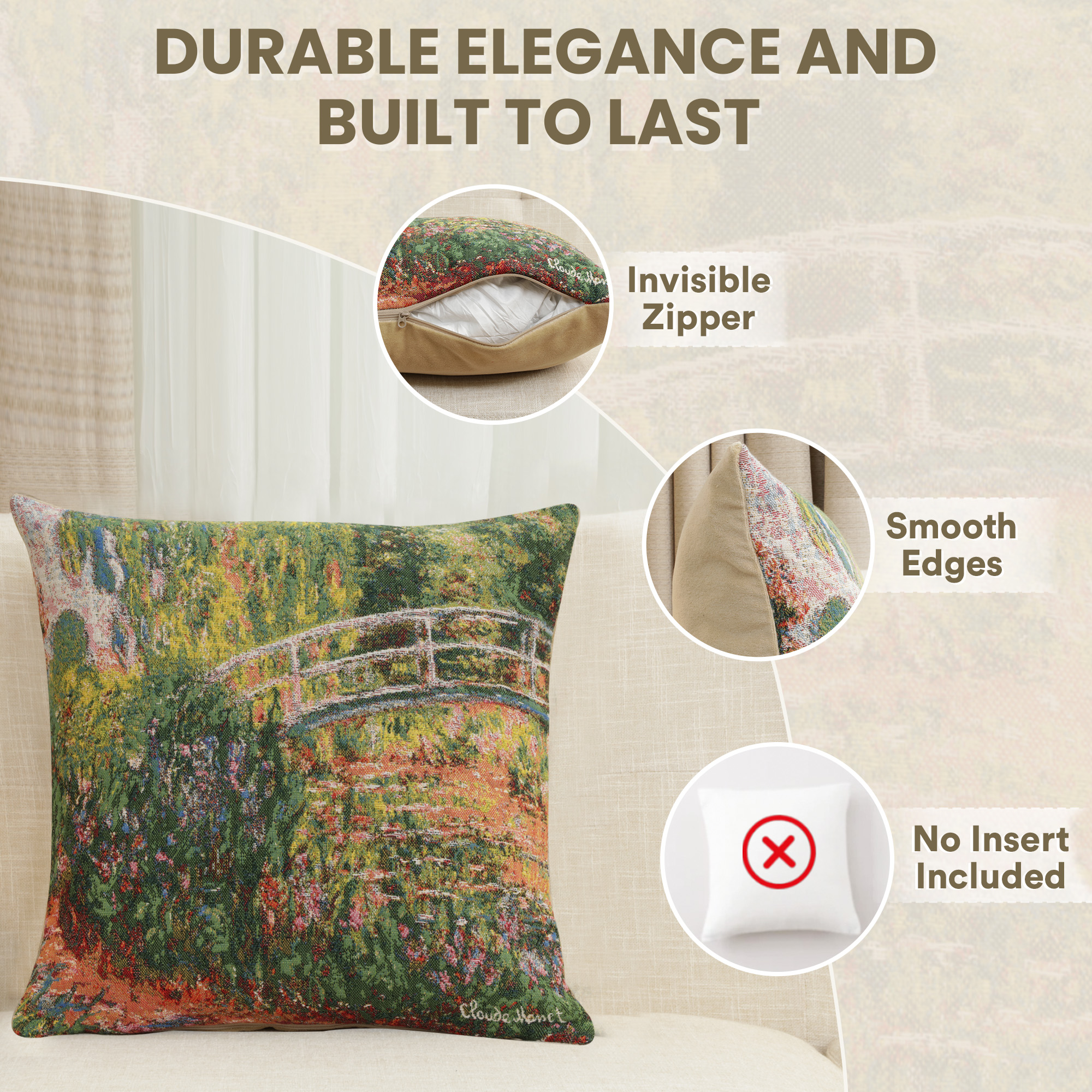 Claude Monet Japanese Bridge Tapestry Pillow Cover 18x18 Inch Cotton Jacquard Woven Cushion Cover