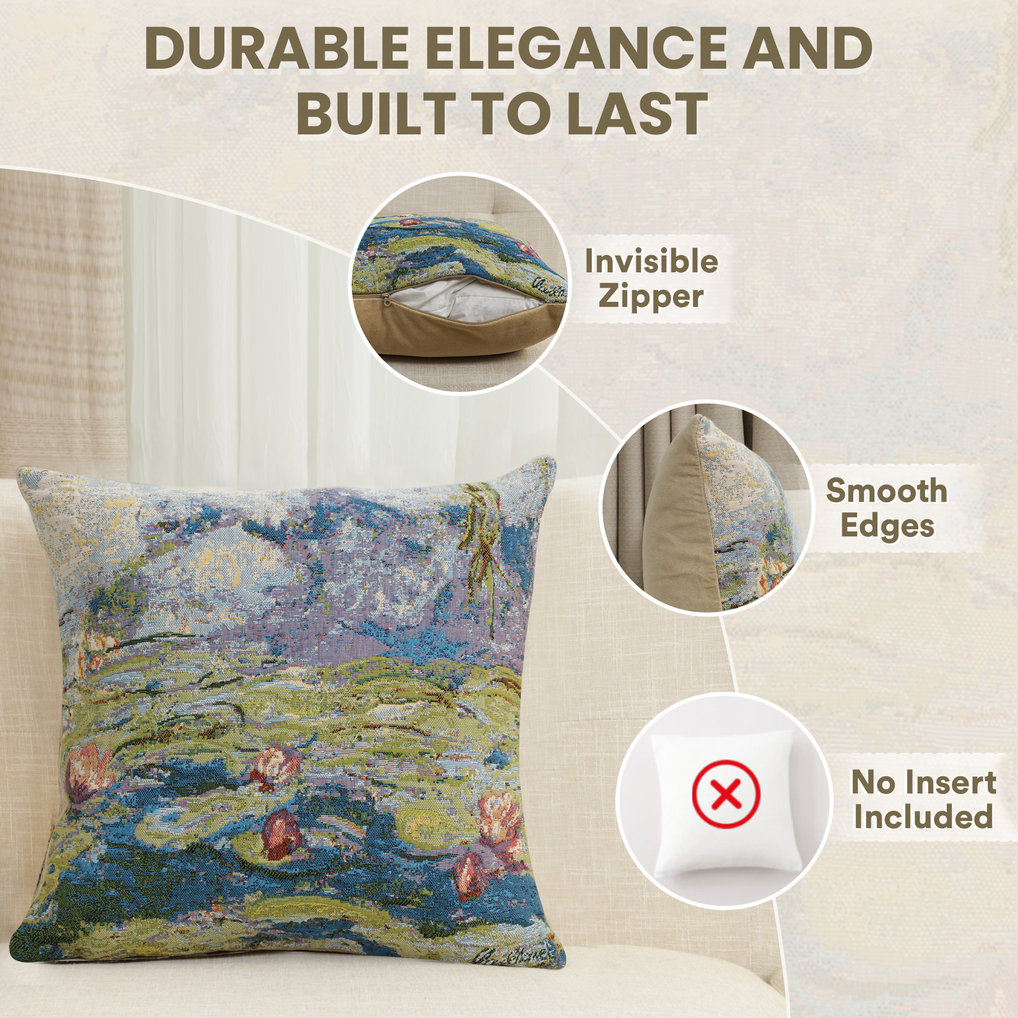 Claude Monet Water Lilies Tapestry Pillow Cover 18x18 Inch Cotton Jacquard Woven Cushion Cover