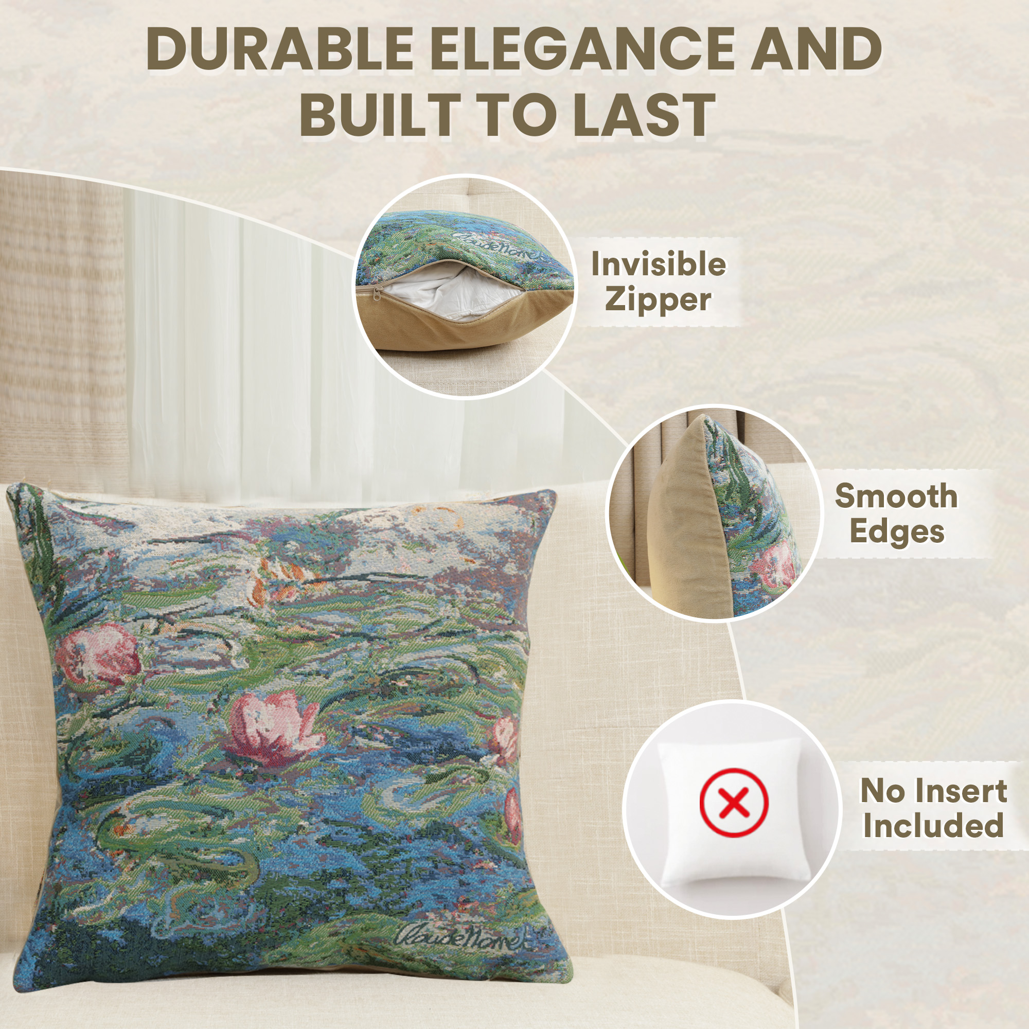 Claude Monet Water Lilies II Tapestry Pillow Cover 18x18 Inch Cotton Jacquard Woven Cushion Cover