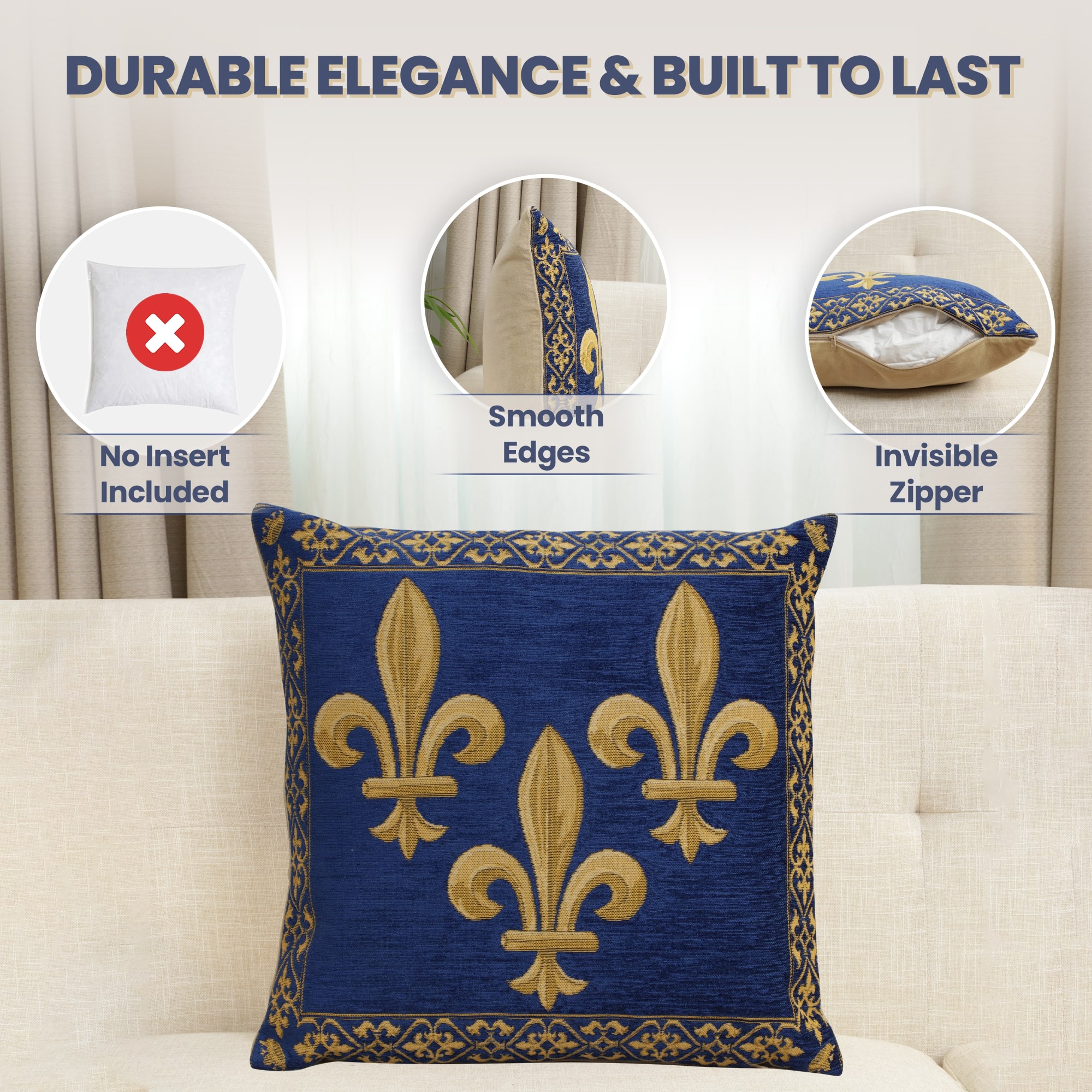 Napoleon Fleur Blue Tapestry Pillow Cover 18x18 Inch Cotton Jacquard Woven Cushion Cover
