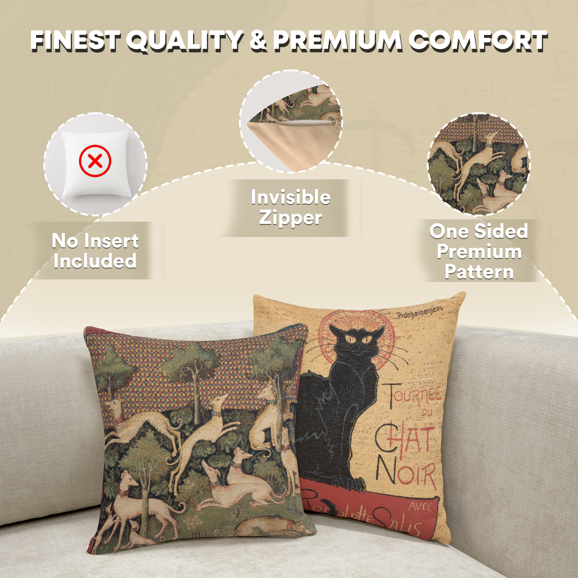 Medieval Dogs Tapestry Pillow Cover 18x18 Inch Cotton Jacquard Woven Cushion Cover