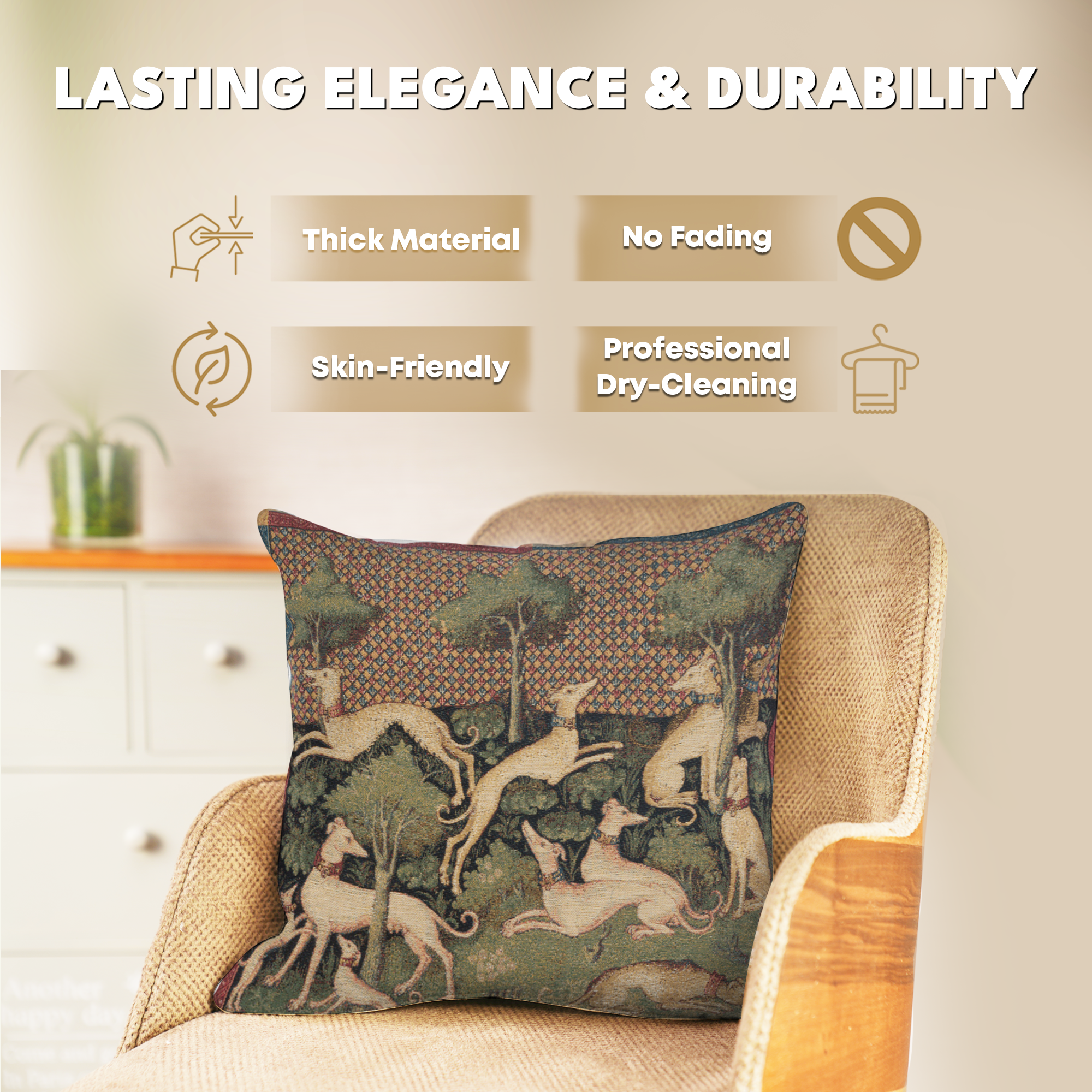 Medieval Dogs Tapestry Pillow Cover 18x18 Inch Cotton Jacquard Woven Cushion Cover