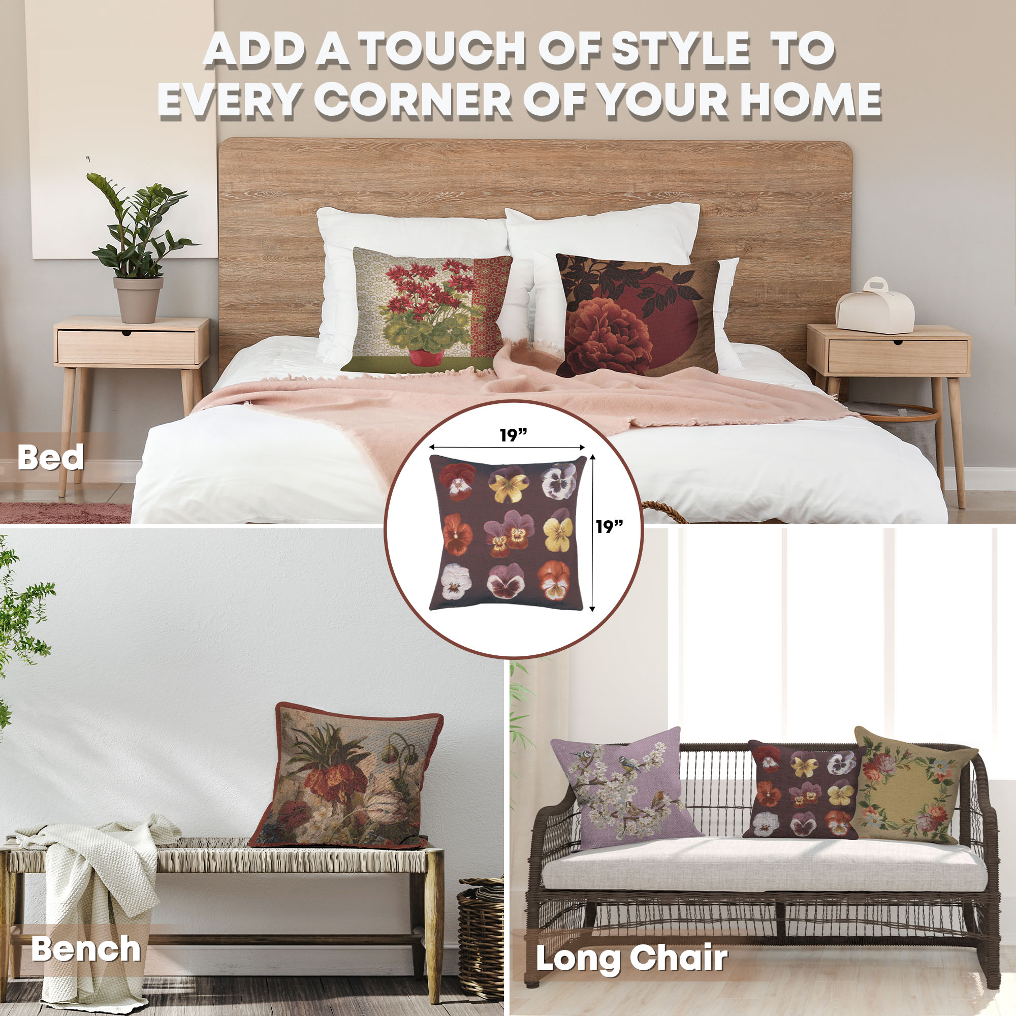 Floral All Over Pansies Tapestry Pillow Cover 19x19 Inch Cotton Jacquard Woven Cushion Cover