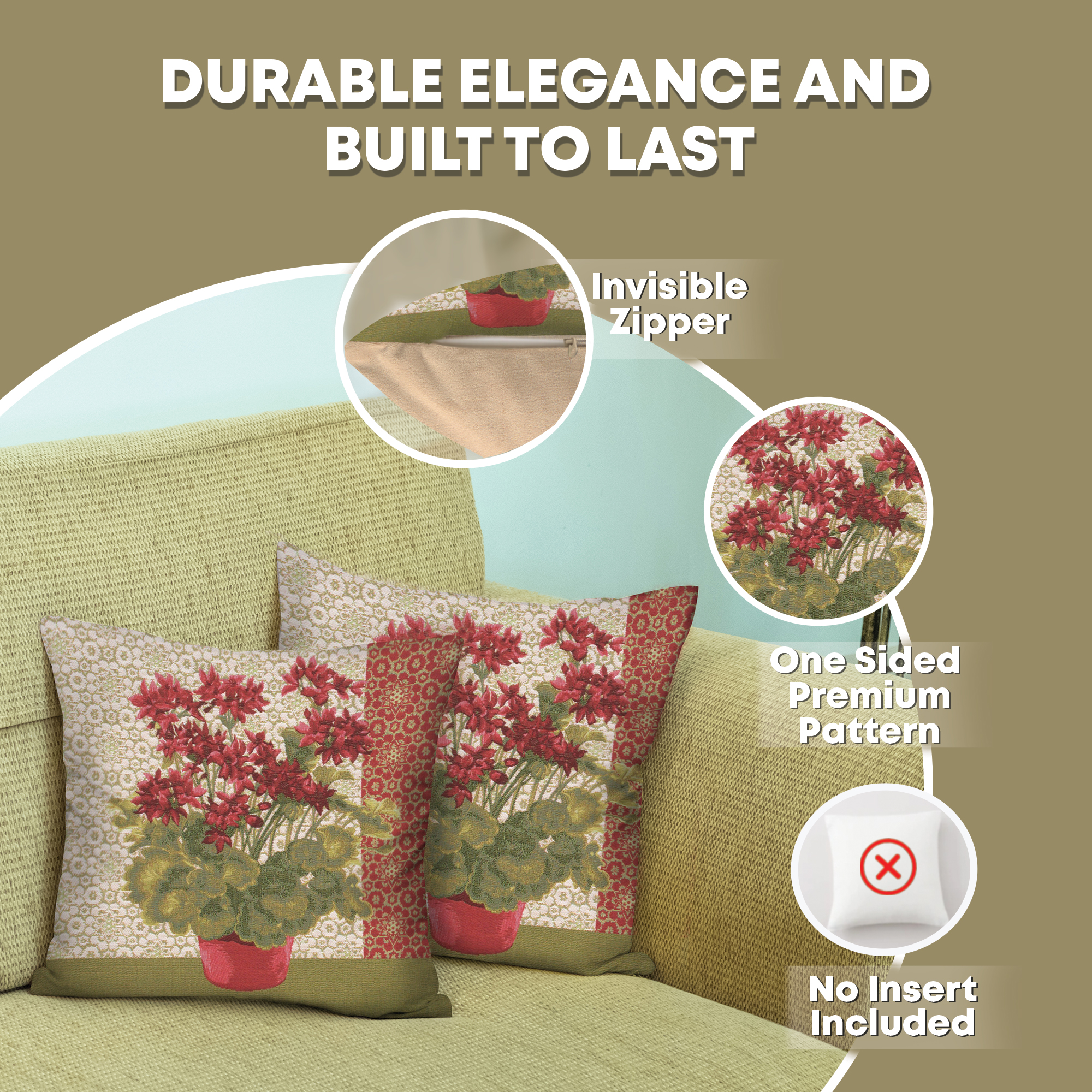 Floral Geranium I Red Tapestry Pillow Cover 19x19 Inch Cotton Jacquard Woven Cushion Cover
