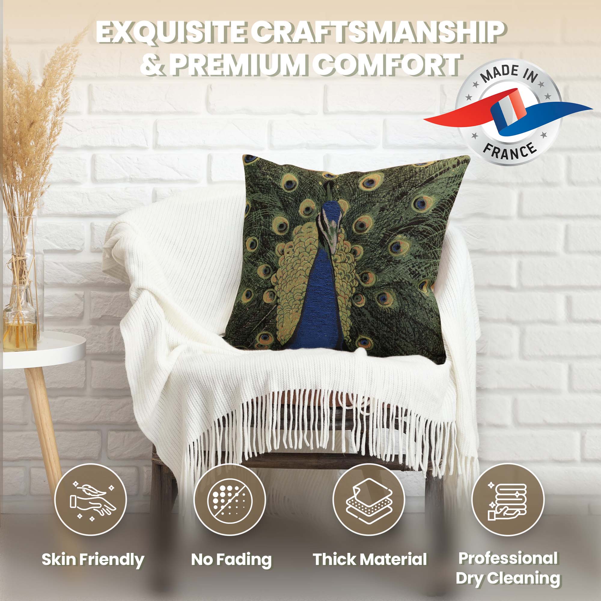 Jean Baptiste Huet The Peacock Tapestry Pillow Cover 19x19 Inch Cotton Jacquard Woven Cushion Cover