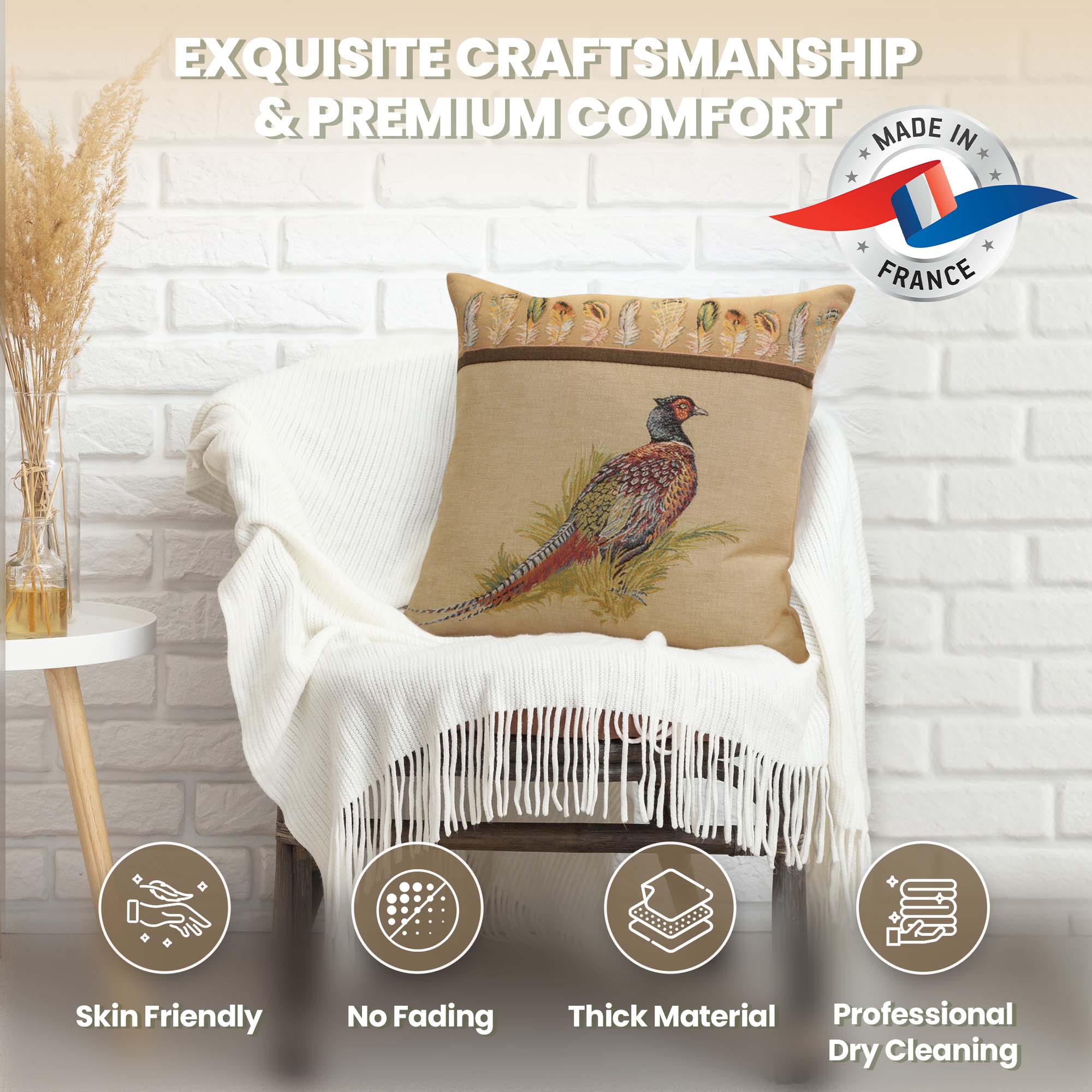 Jean Baptiste Huet Pheasant Tapestry Pillow Cover 19x19 Inch Cotton Jacquard Woven Cushion Cover