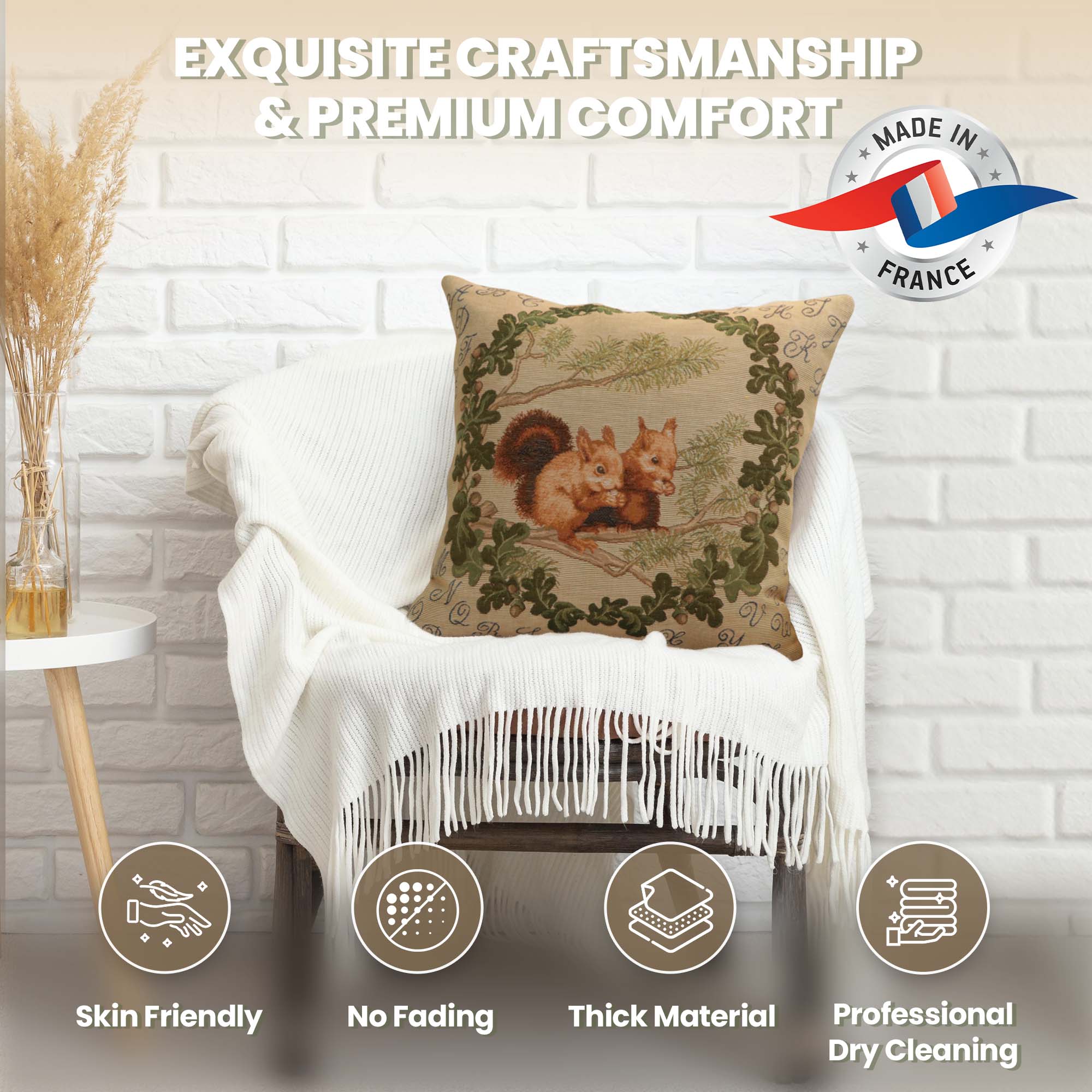 Jean Baptiste Huet Squirrels Tapestry Pillow Cover 19x19 Inch Cotton Jacquard Woven Cushion Cover