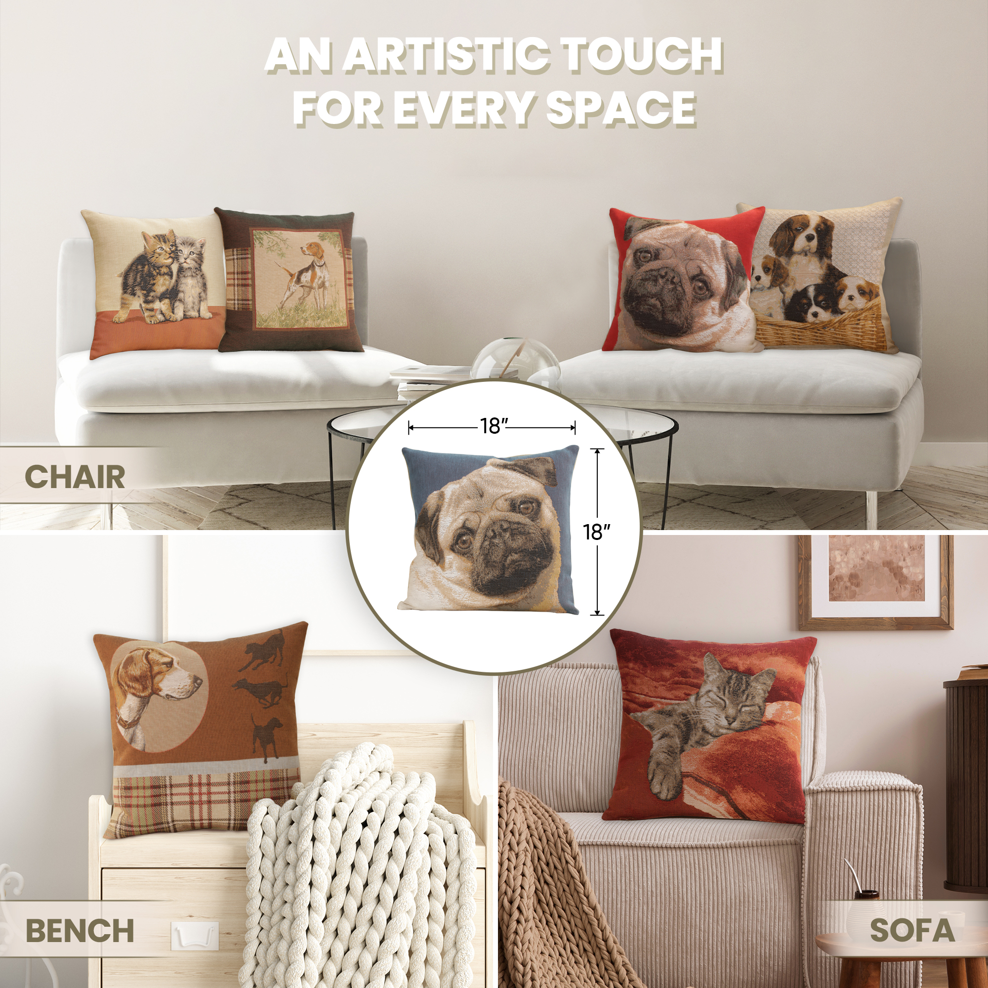 Thomas Theodor Heine Pugs Face Blue Tapestry Pillow Cover 18x18 Inch Cotton Jacquard Woven Cushion Cover