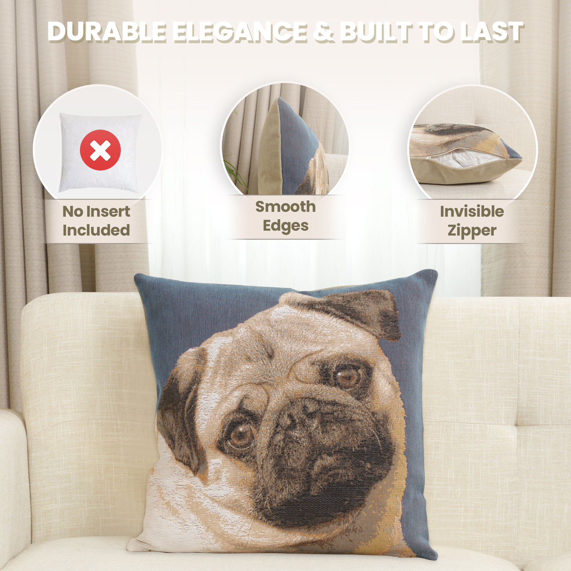Thomas Theodor Heine Pugs Face Blue Tapestry Pillow Cover 18x18 Inch Cotton Jacquard Woven Cushion Cover