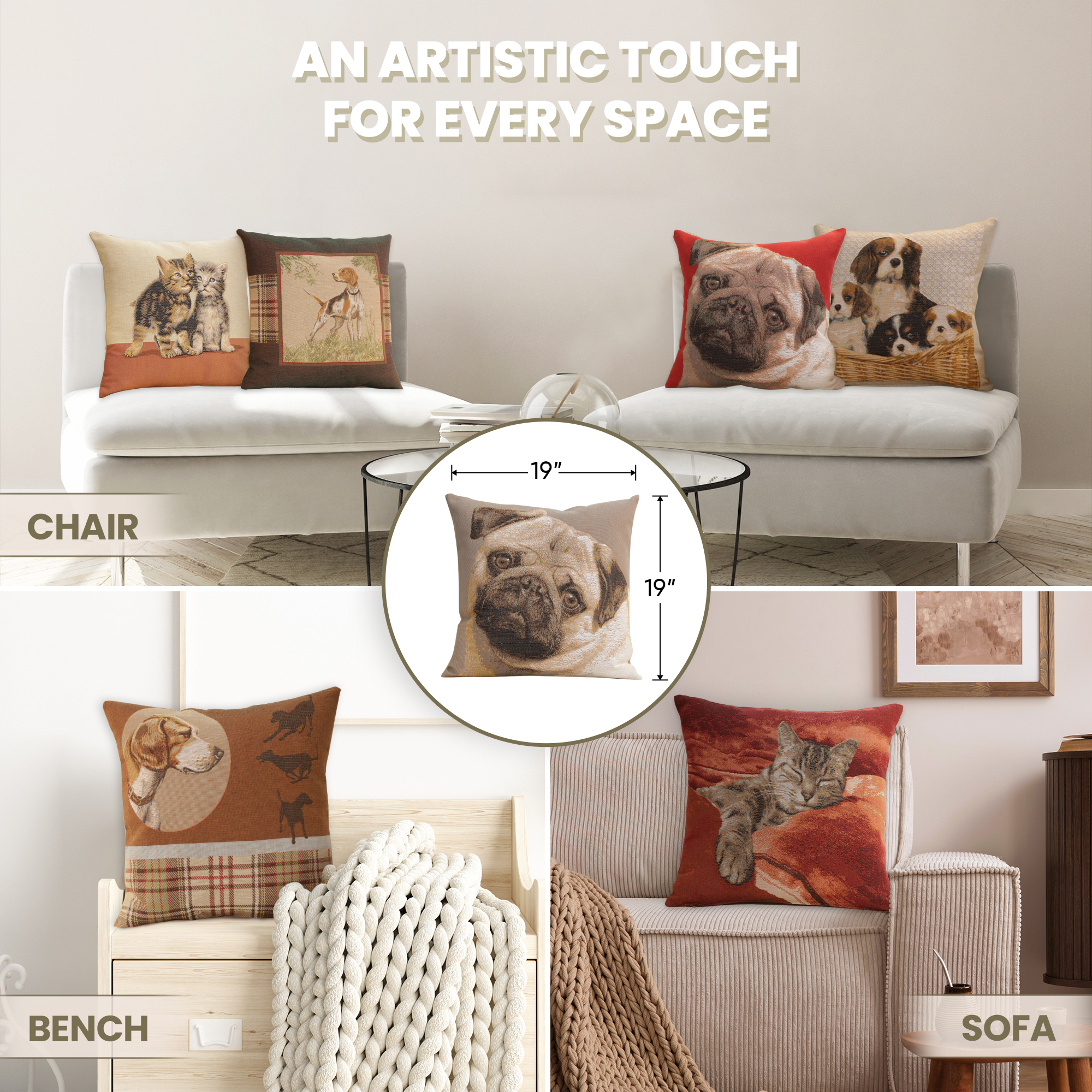 Thomas Theodor Heine Pugs Face Grey Tapestry Pillow Cover 19x19 Inch Cotton Jacquard Woven Cushion Cover