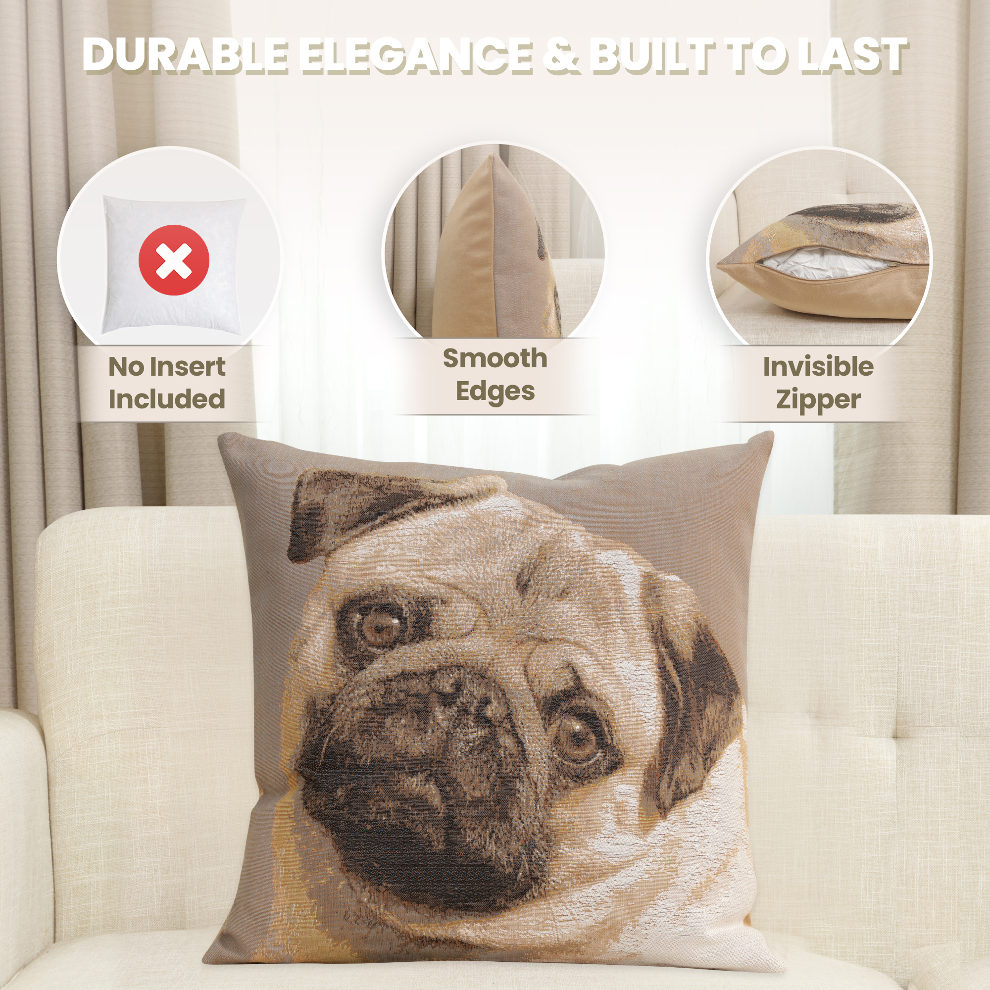 Thomas Theodor Heine Pugs Face Grey Tapestry Pillow Cover 19x19 Inch Cotton Jacquard Woven Cushion Cover