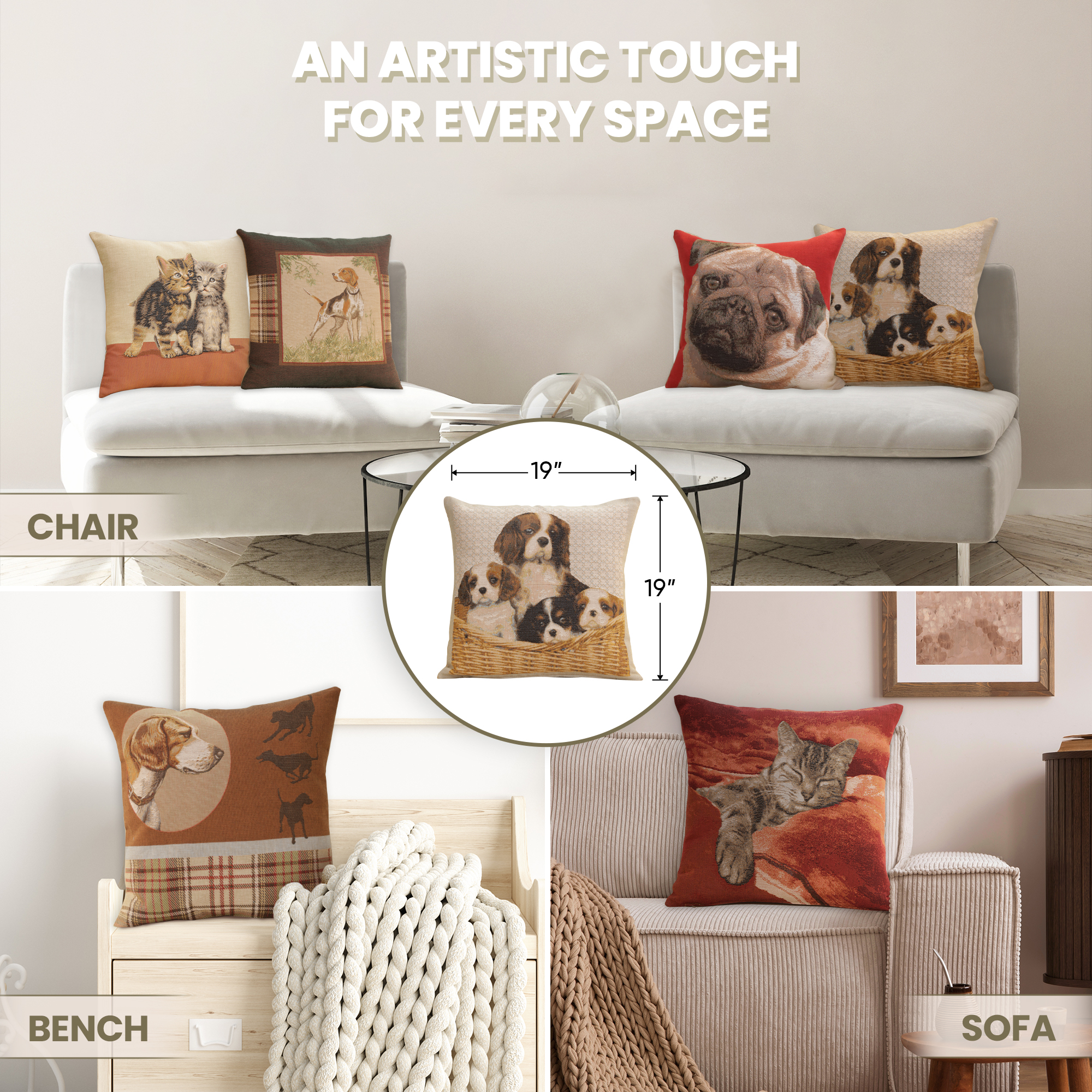 Alexandre Cavalier King Charles Family Tapestry Pillow Cover 19x19 Inch Cotton Jacquard Woven Cushion Cover