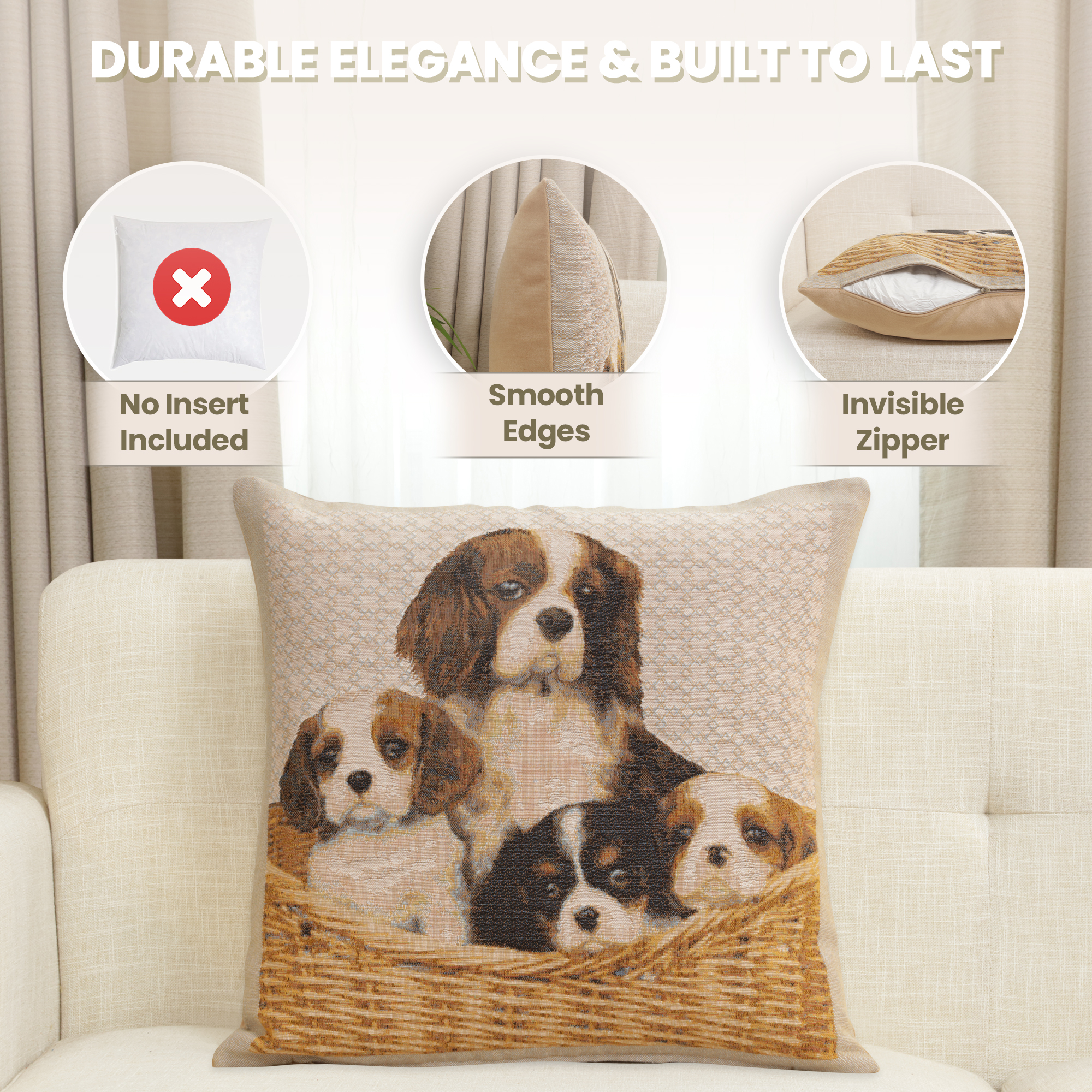 Alexandre Cavalier King Charles Family Tapestry Pillow Cover 19x19 Inch Cotton Jacquard Woven Cushion Cover
