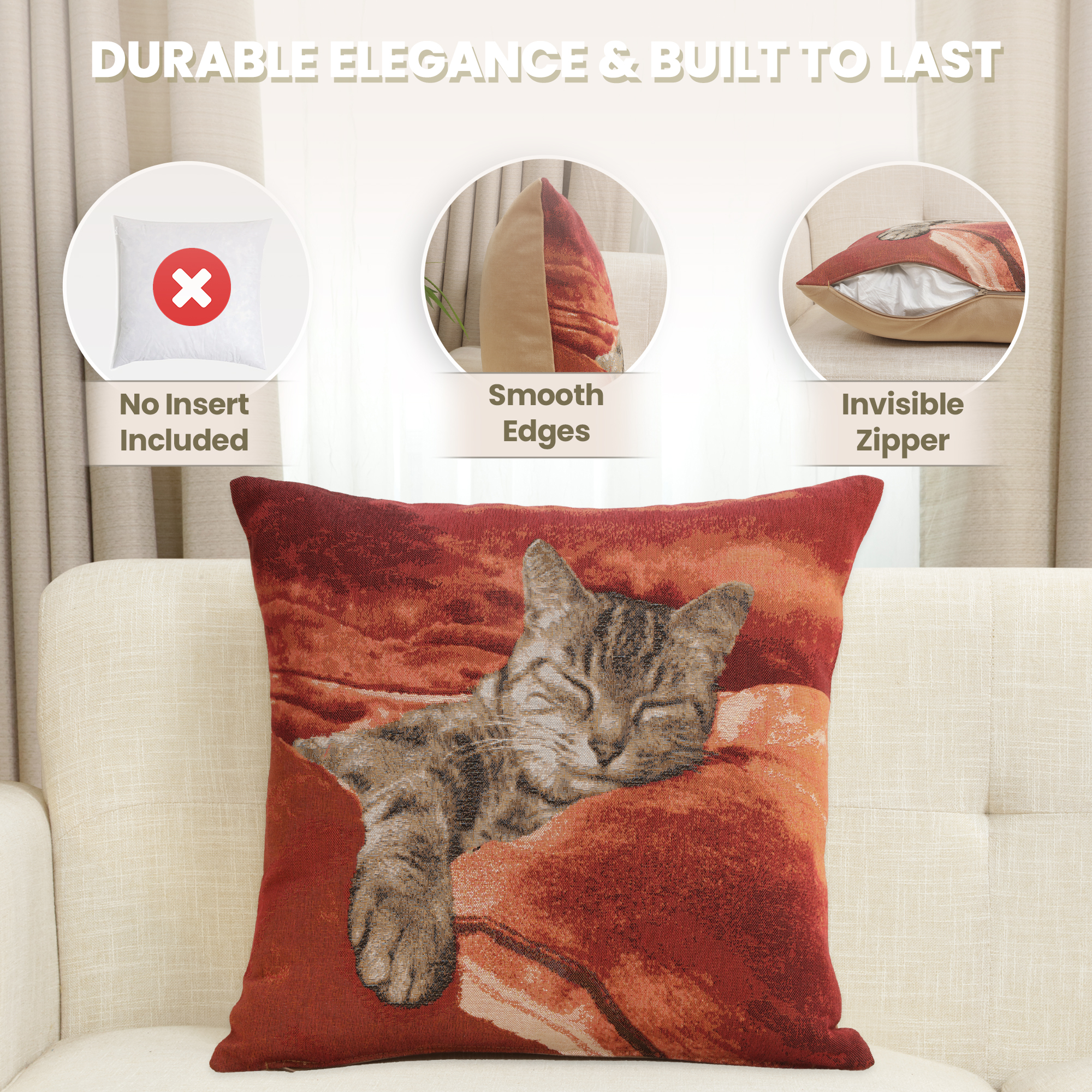 Henriette Ronner Sleeping Cat Red I Tapestry Pillow Cover 19x19 Inch Cotton Jacquard Woven Cushion Cover