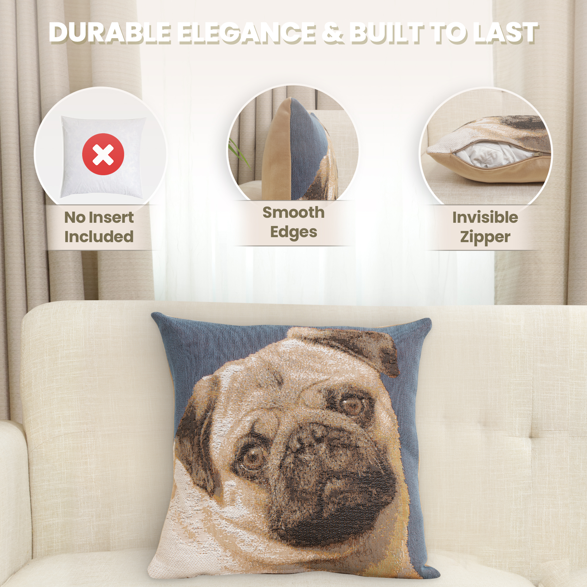 Thomas Theodor Heine Pugs Face Blue Tapestry Pillow Cover 14x14 Inch Cotton Jacquard Woven Cushion Cover
