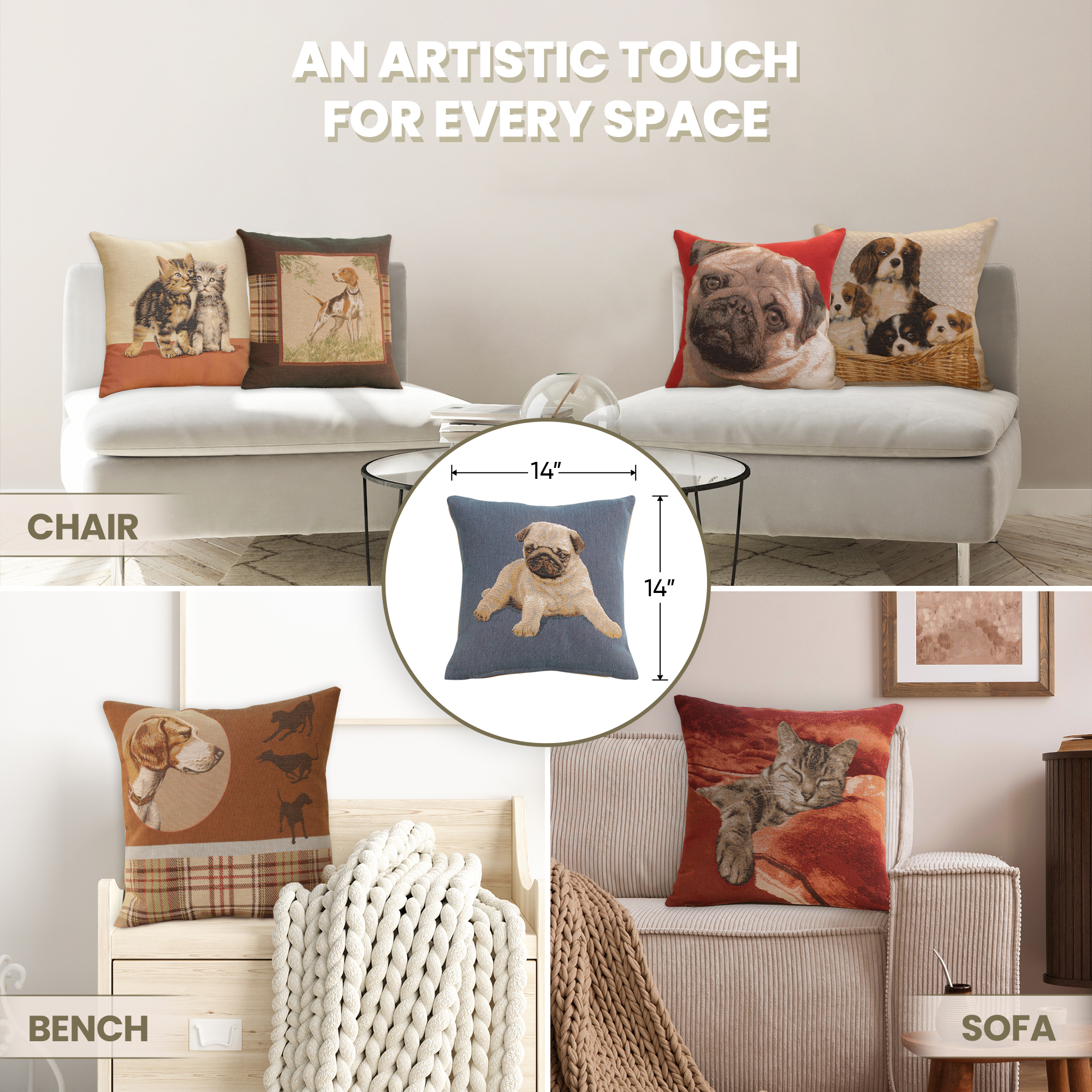 Thomas Theodor Heine Puppy Pug Blue Tapestry Pillow Cover 14x14 Inch Cotton Jacquard Woven Cushion Cover