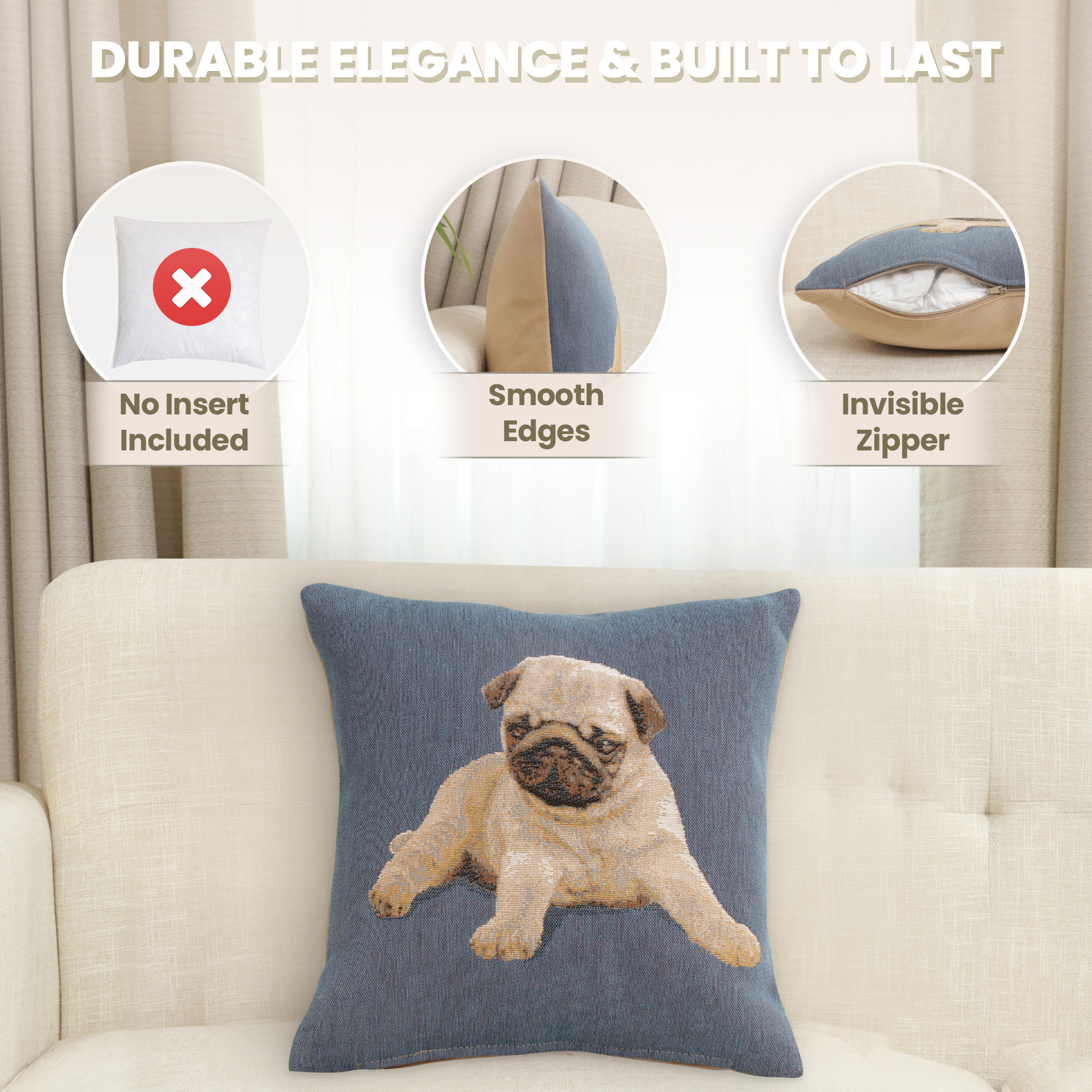 Thomas Theodor Heine Puppy Pug Blue Tapestry Pillow Cover 14x14 Inch Cotton Jacquard Woven Cushion Cover