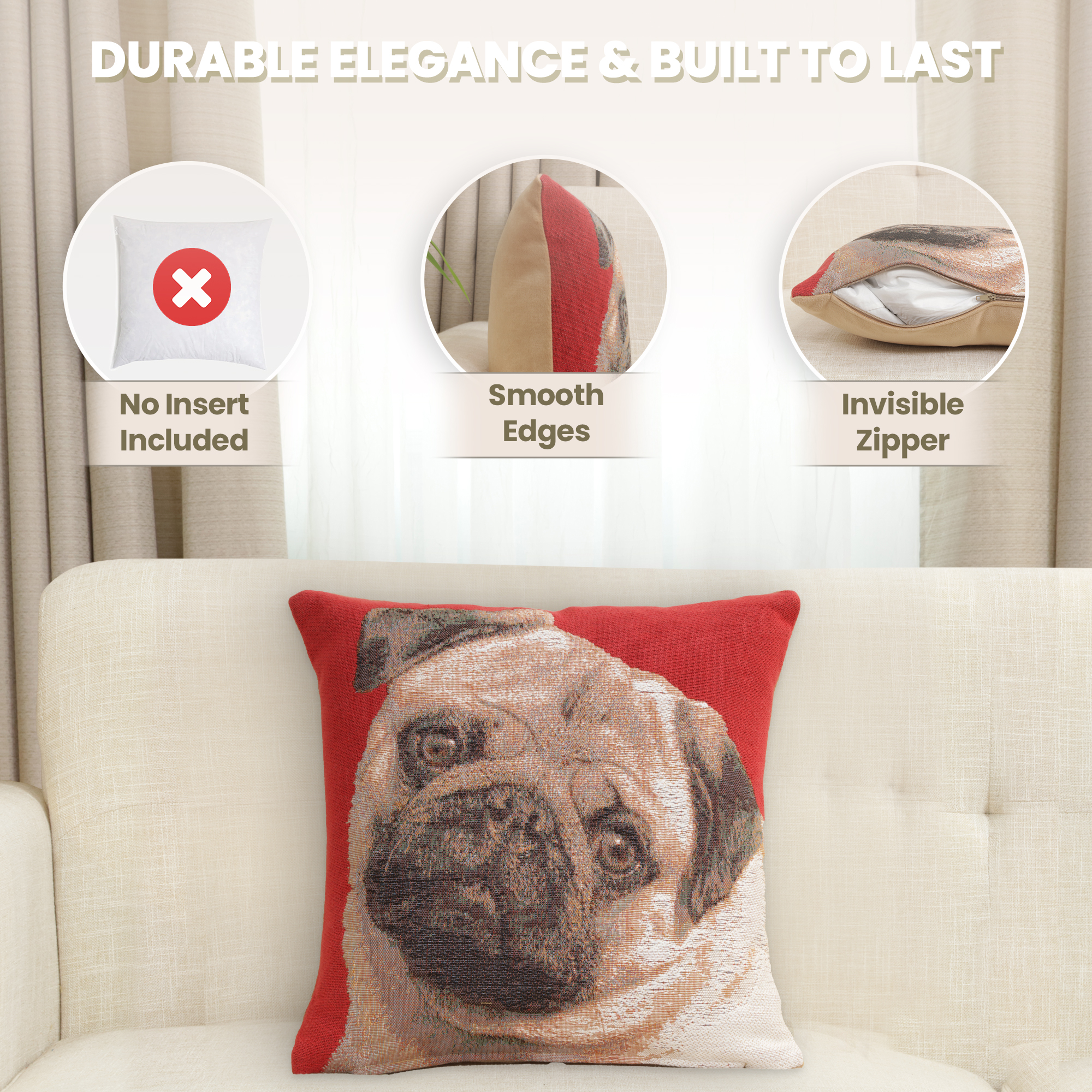 Thomas Theodor Heine Pugs Face Red Tapestry Pillow Cover 14x14 Inch Cotton Jacquard Woven Cushion Cover