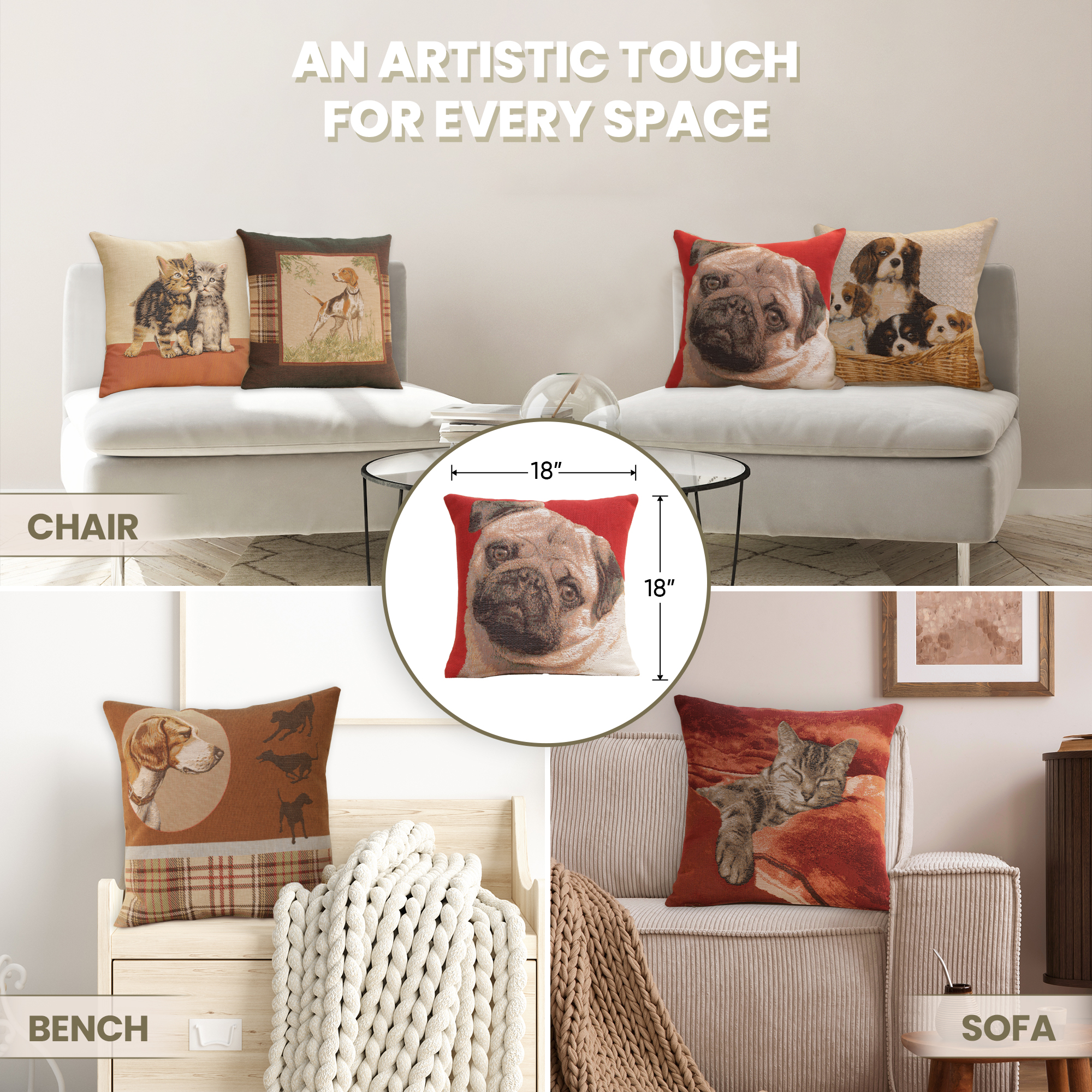 Thomas Theodor Heine Pugs Face Red I Tapestry Pillow Cover 18x18 Inch Cotton Jacquard Woven Cushion Cover