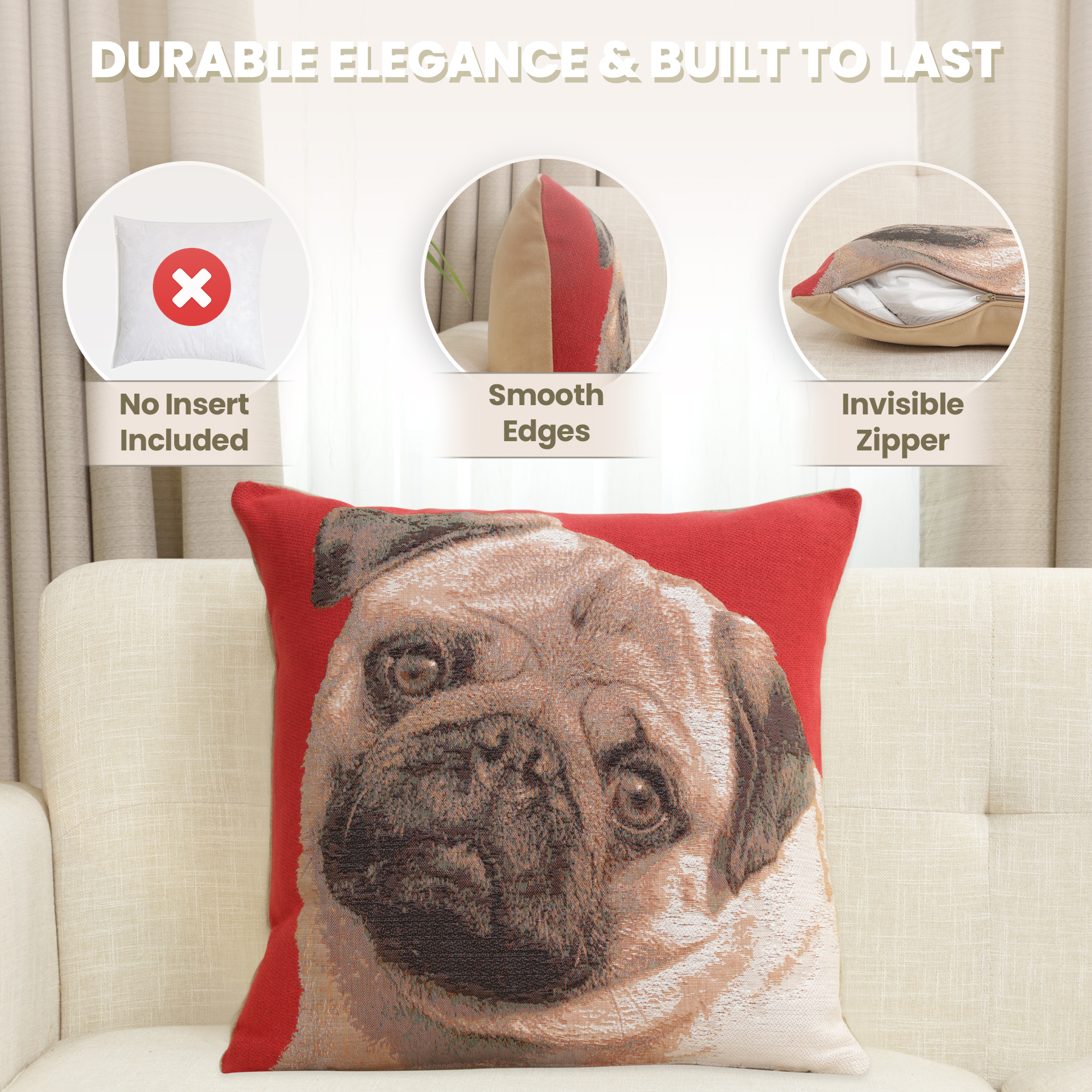 Thomas Theodor Heine Pugs Face Red I Tapestry Pillow Cover 18x18 Inch Cotton Jacquard Woven Cushion Cover