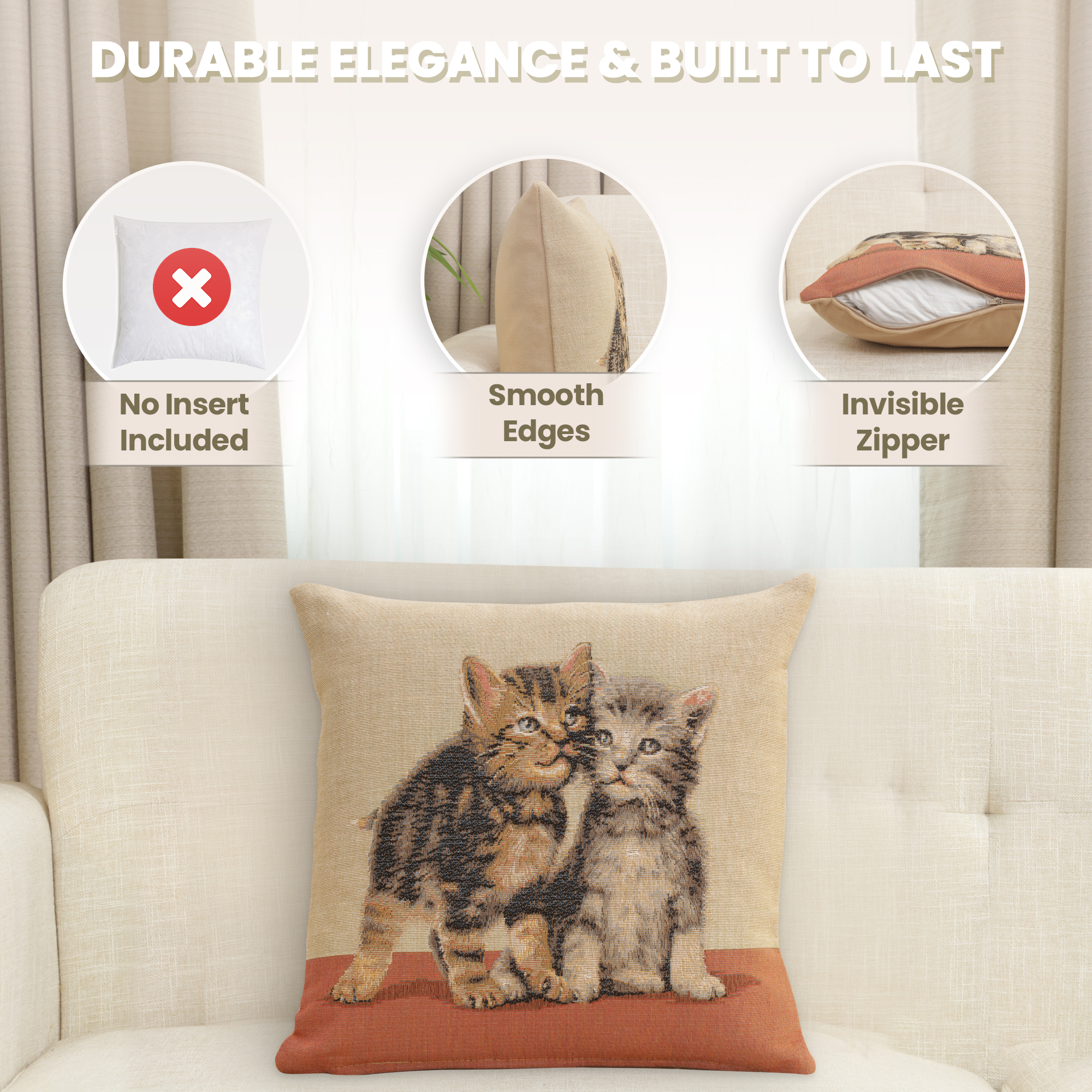 Henriette Ronner Two Kittens I Tapestry Pillow Cover 14x14 Inch Cotton Jacquard Woven Cushion Cover