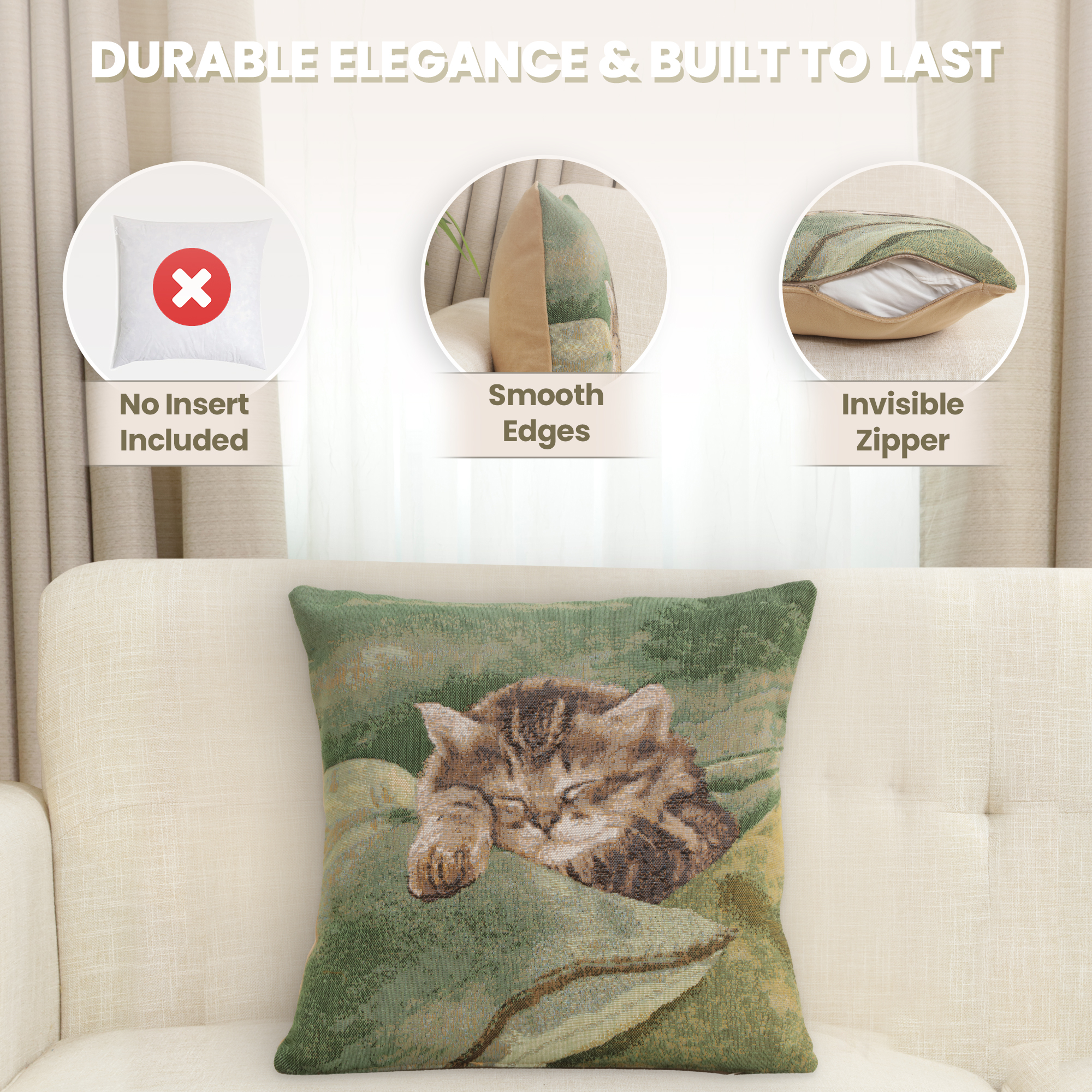 Alexandre Francois Sleeping Cat Green Tapestry Pillow Cover 14x14 Inch Cotton Jacquard Woven Cushion Cover