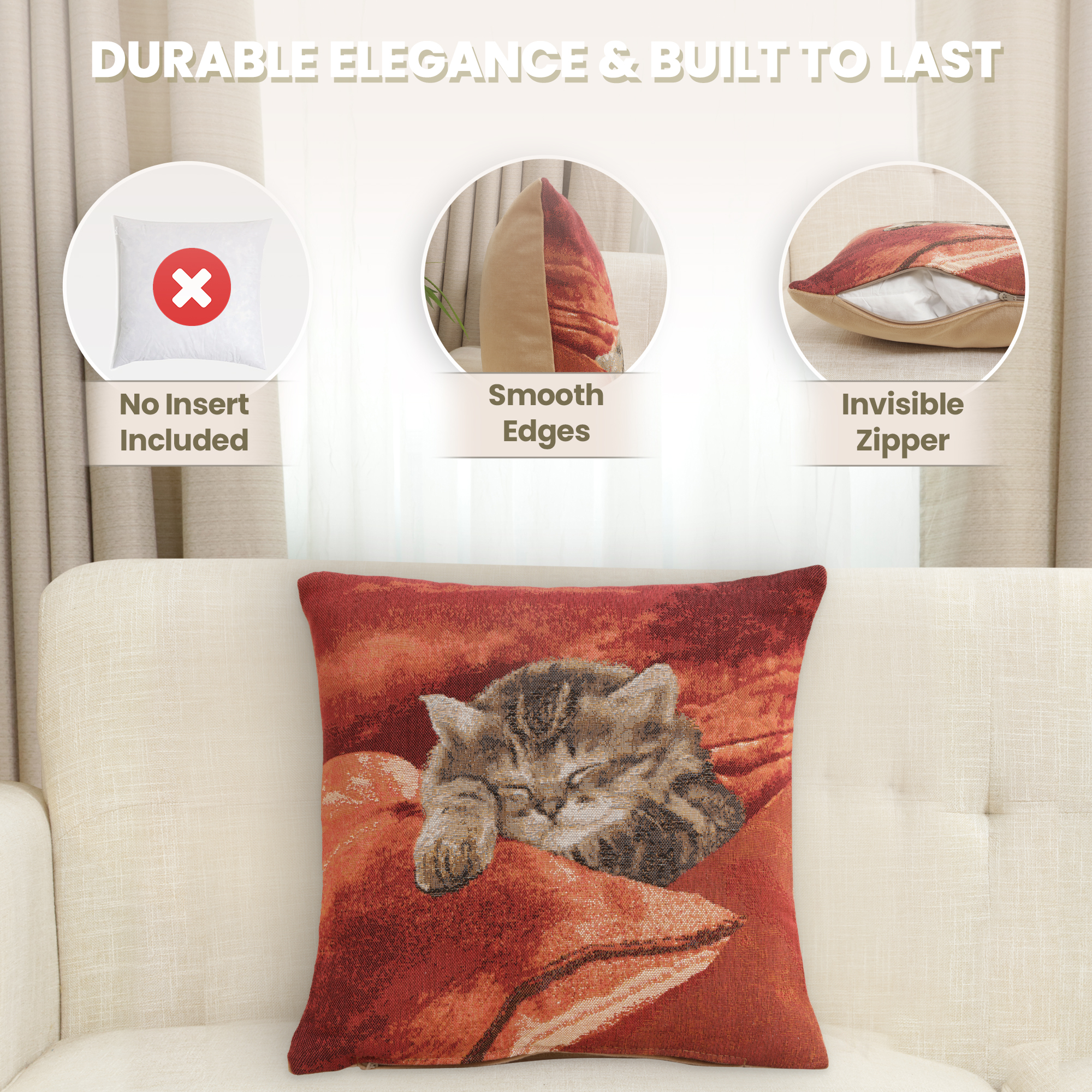 Henriette Ronner Sleeping Cat Red II Tapestry Pillow Cover 14x14 Inch Cotton Jacquard Woven Cushion Cover
