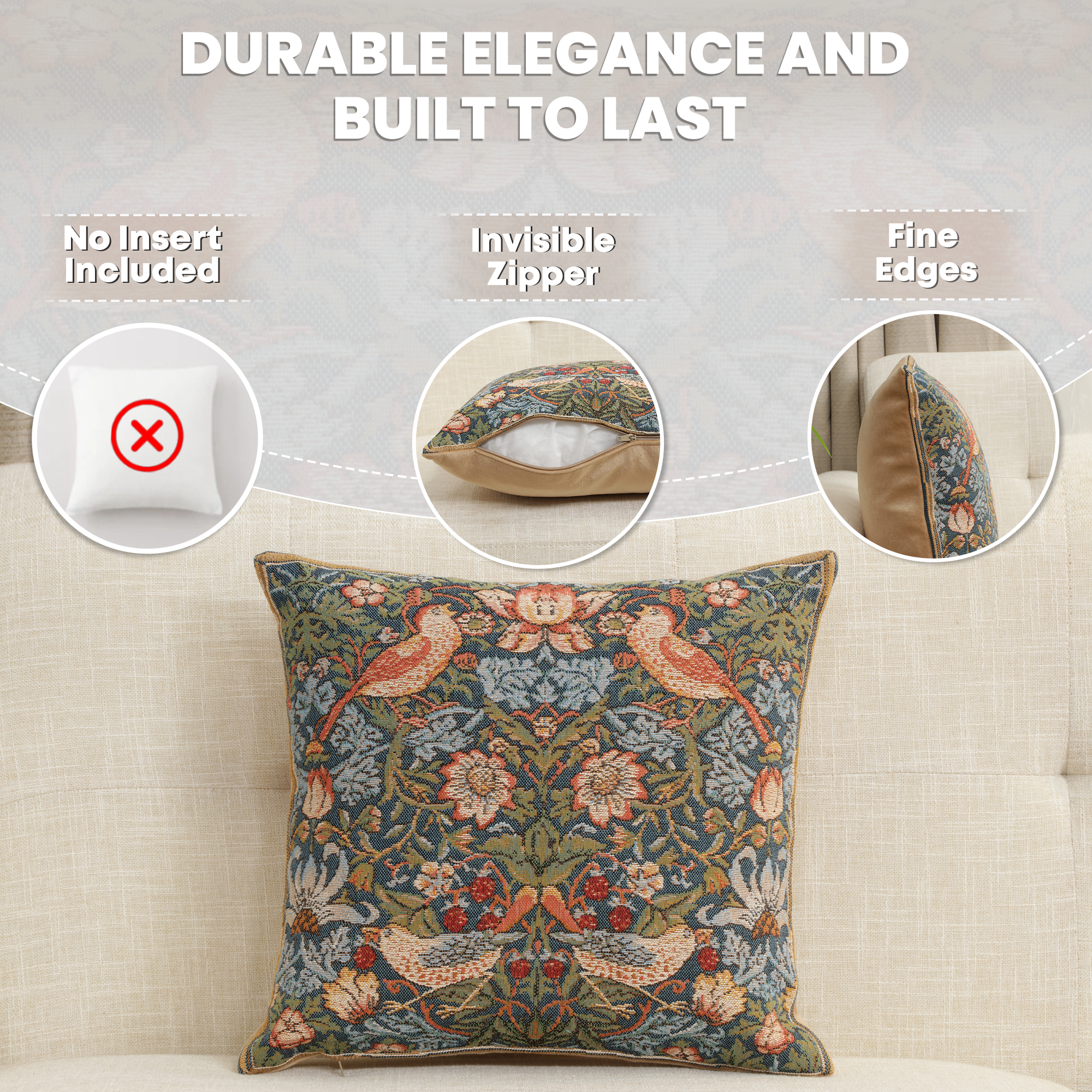Birds Face to Face Medieval Tapestry Pillow Cover 14x14 European Cotton Jacquard Woven Cushion Cover