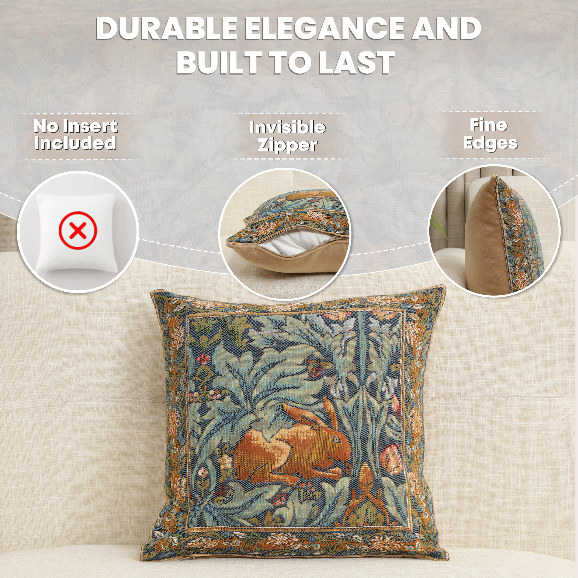 Brother Rabbit Medieval Tapestry Pillow Cover 14x14 European Cotton Jacquard Woven Cushion Cover