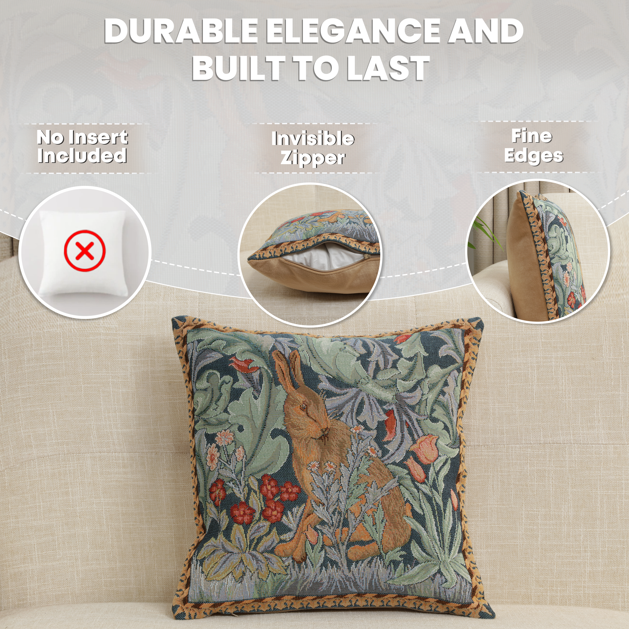 Rabbit Facing Left Medieval Tapestry Pillow Cover 14x14 European Cotton Jacquard Woven Cushion Cover