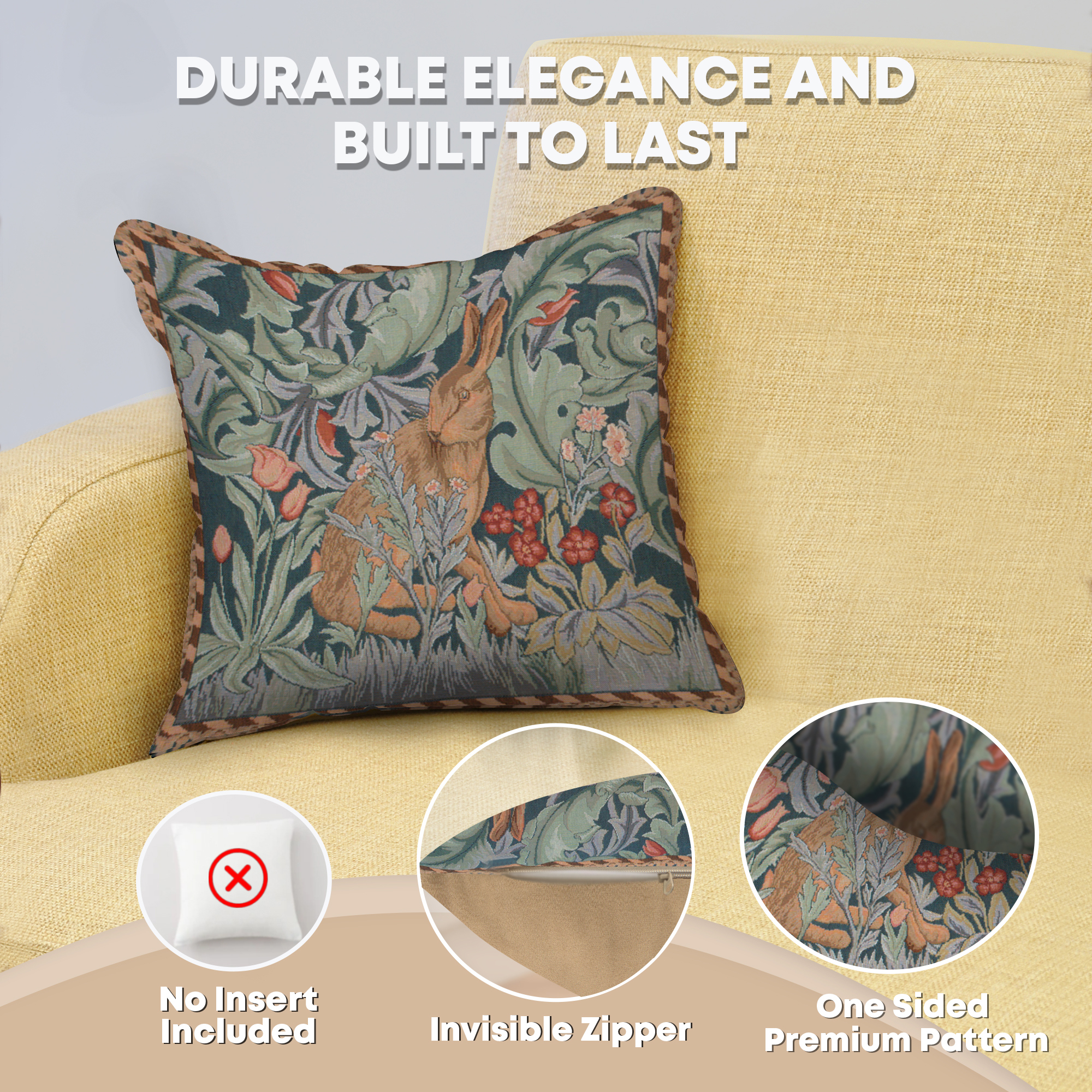 Blue Rabbit Medieval Tapestry Pillow Cover 14x14 European Cotton Jacquard Woven Cushion Cover
