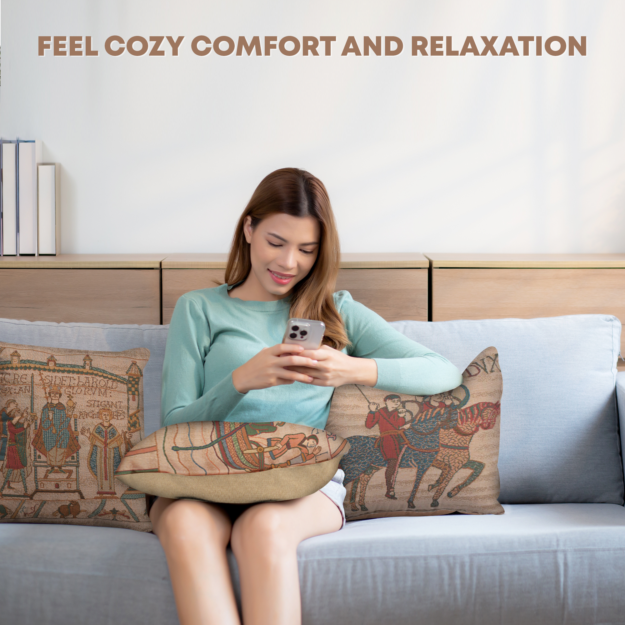 Bayeux Horseriders Tapestry Pillow Cover 14x14 Inch Cotton Jacquard Woven Cushion Cover