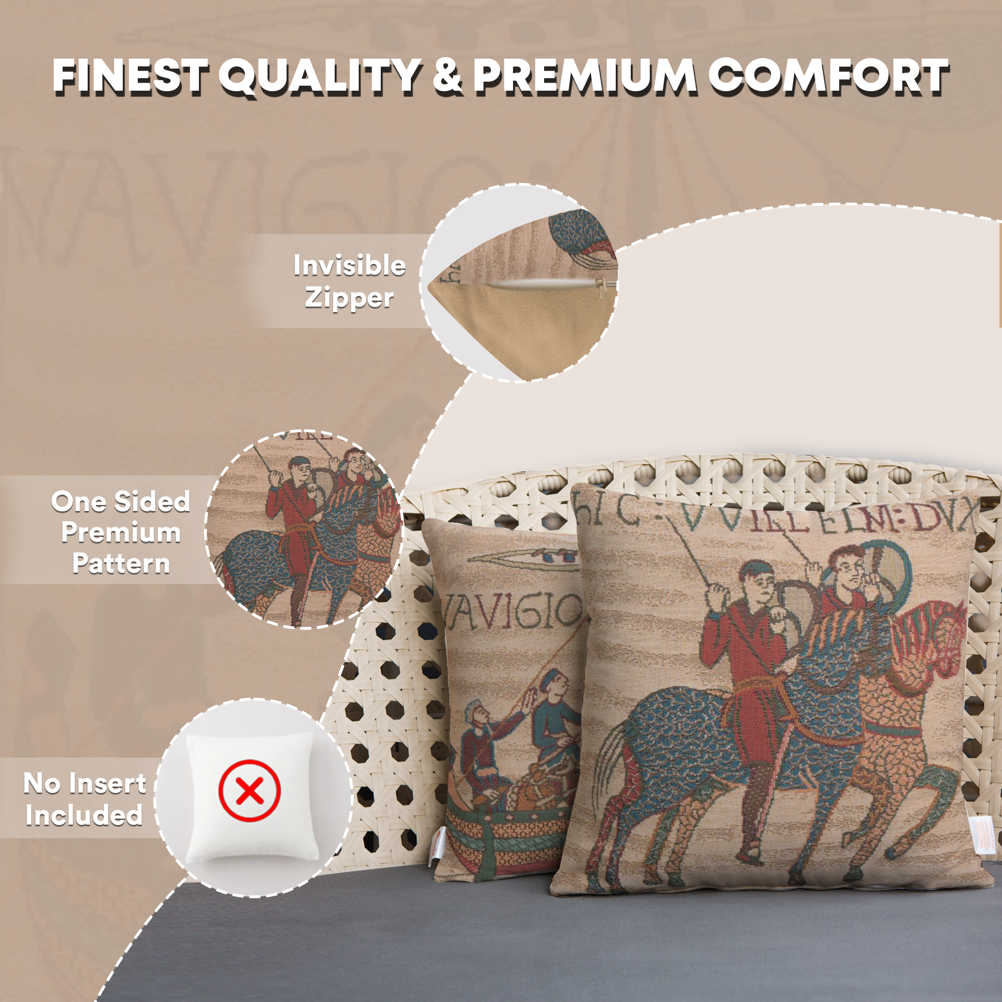 Bayeux Horseriders Tapestry Pillow Cover 14x14 Inch Cotton Jacquard Woven Cushion Cover