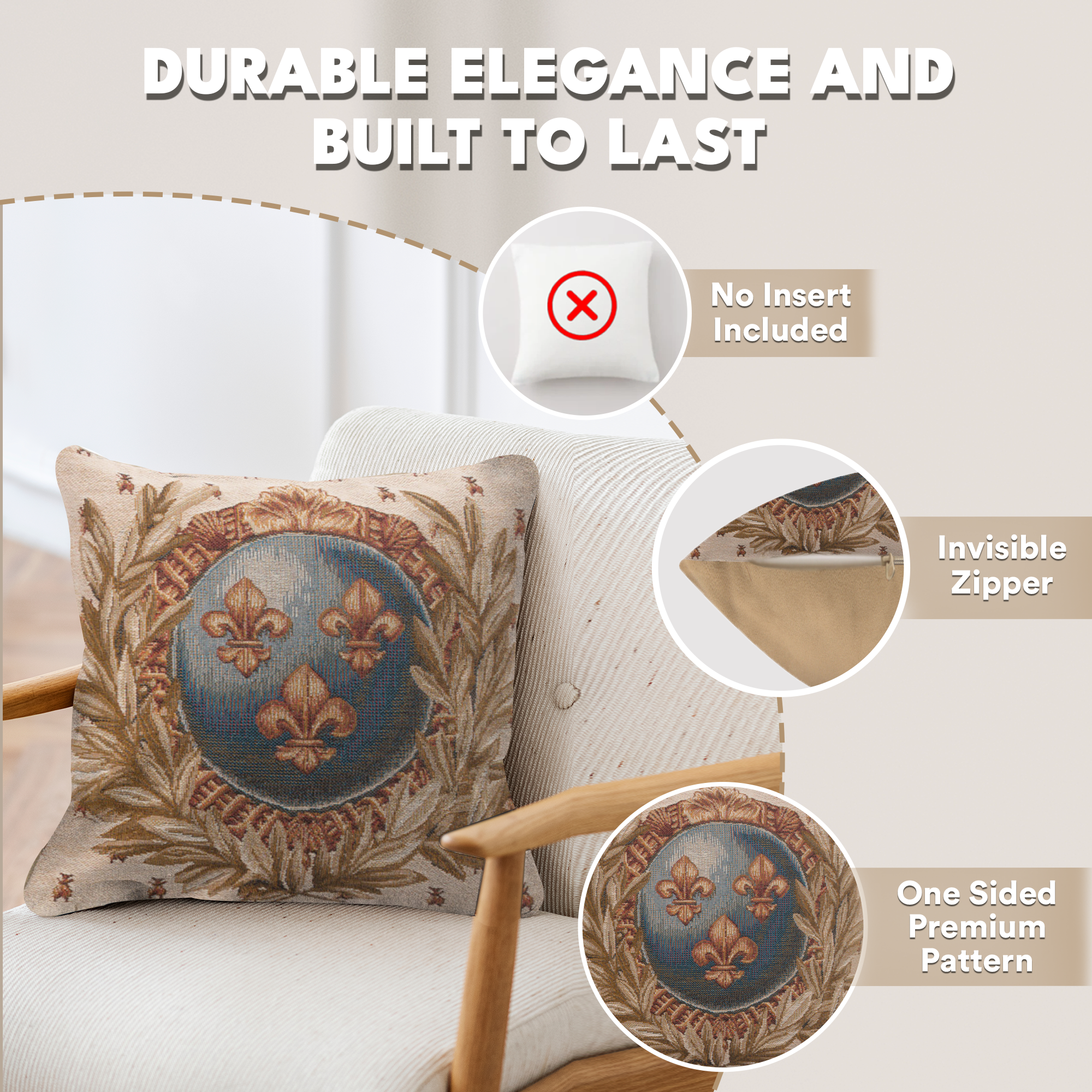 French Empire Lys Tapestry Pillow Cover 14x14 Inch Cotton Jacquard Woven Cushion Cover