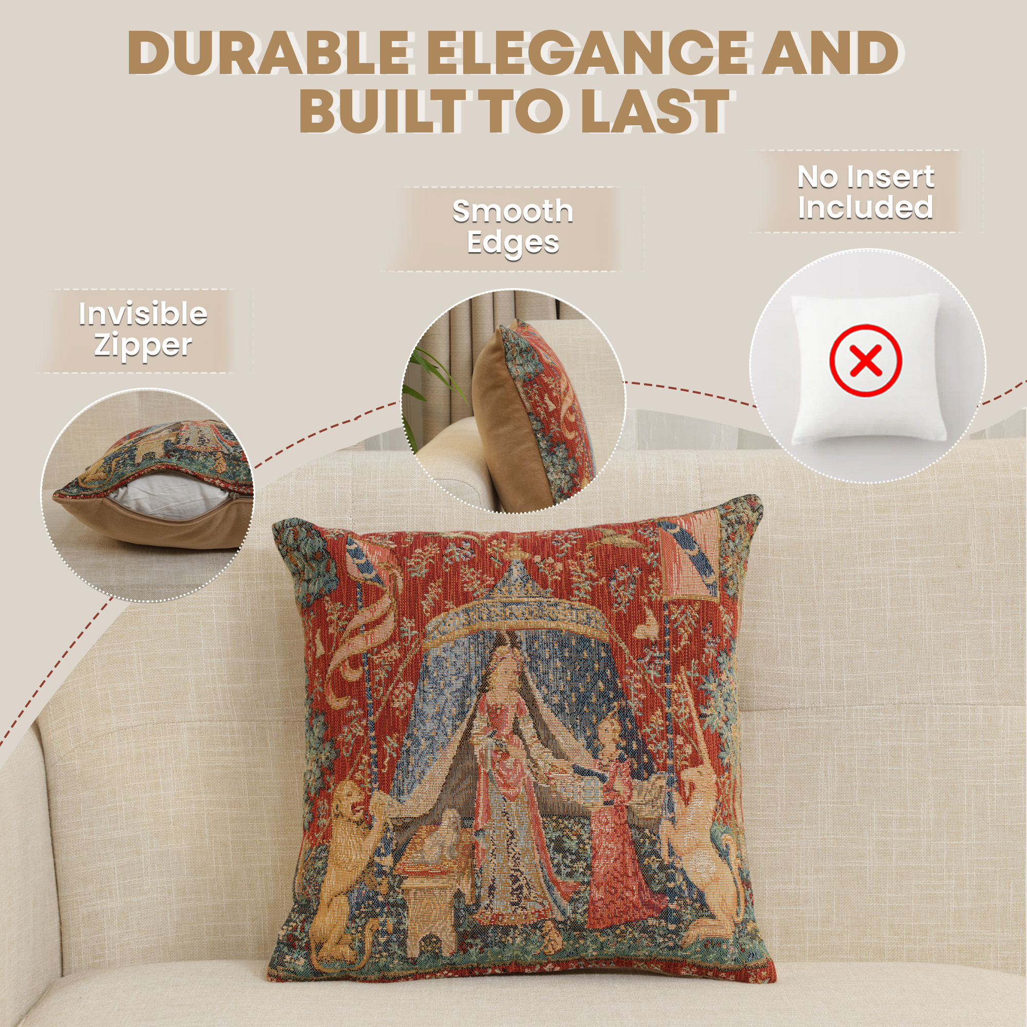 Medieval A Mon Seul Desir Small Tapestry Pillow Cover 14x14 Inch Cotton Jacquard Woven Cushion Cover