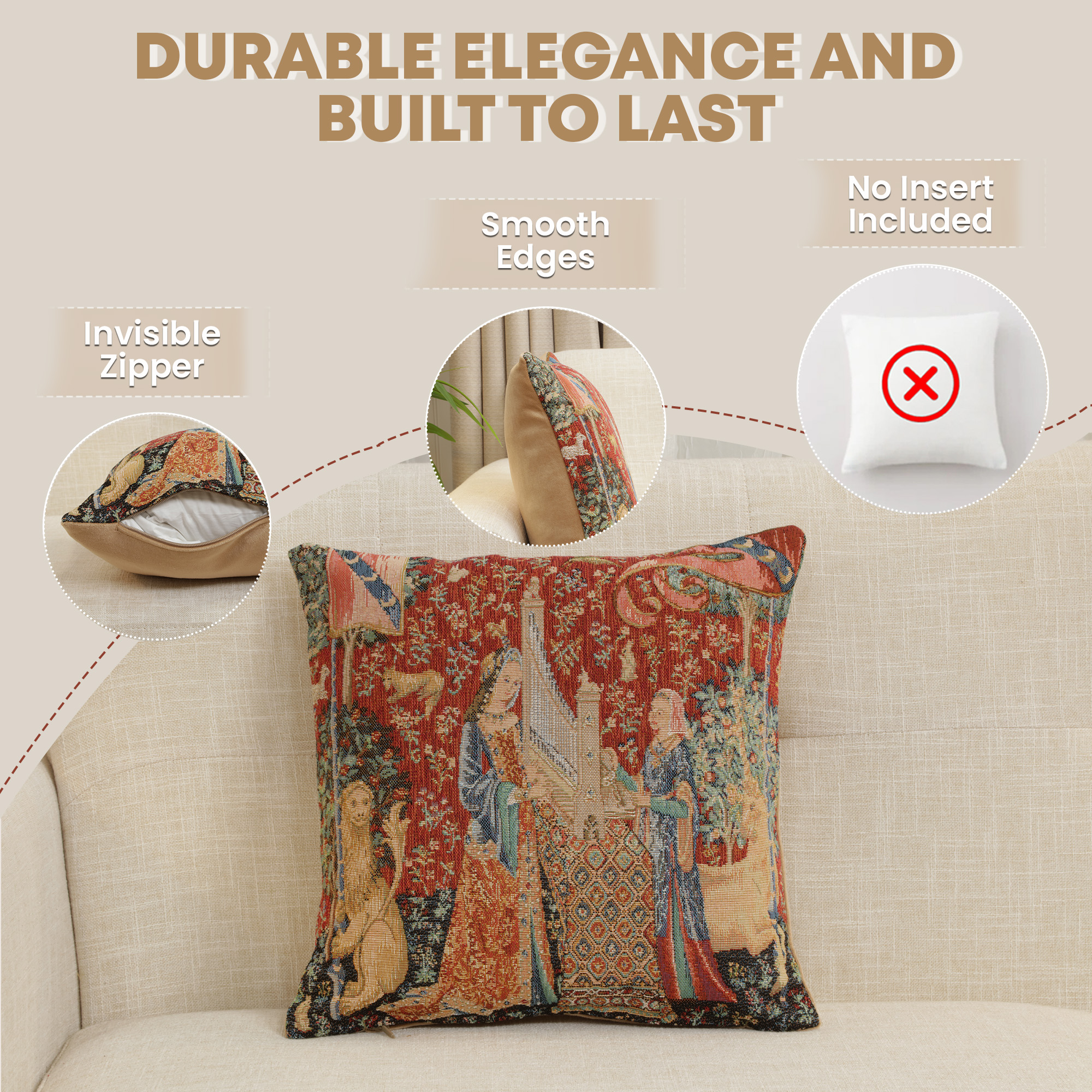 Medieval The Hearing Small Tapestry Pillow Cover 14x14 Inch Cotton Jacquard Woven Cushion Cover