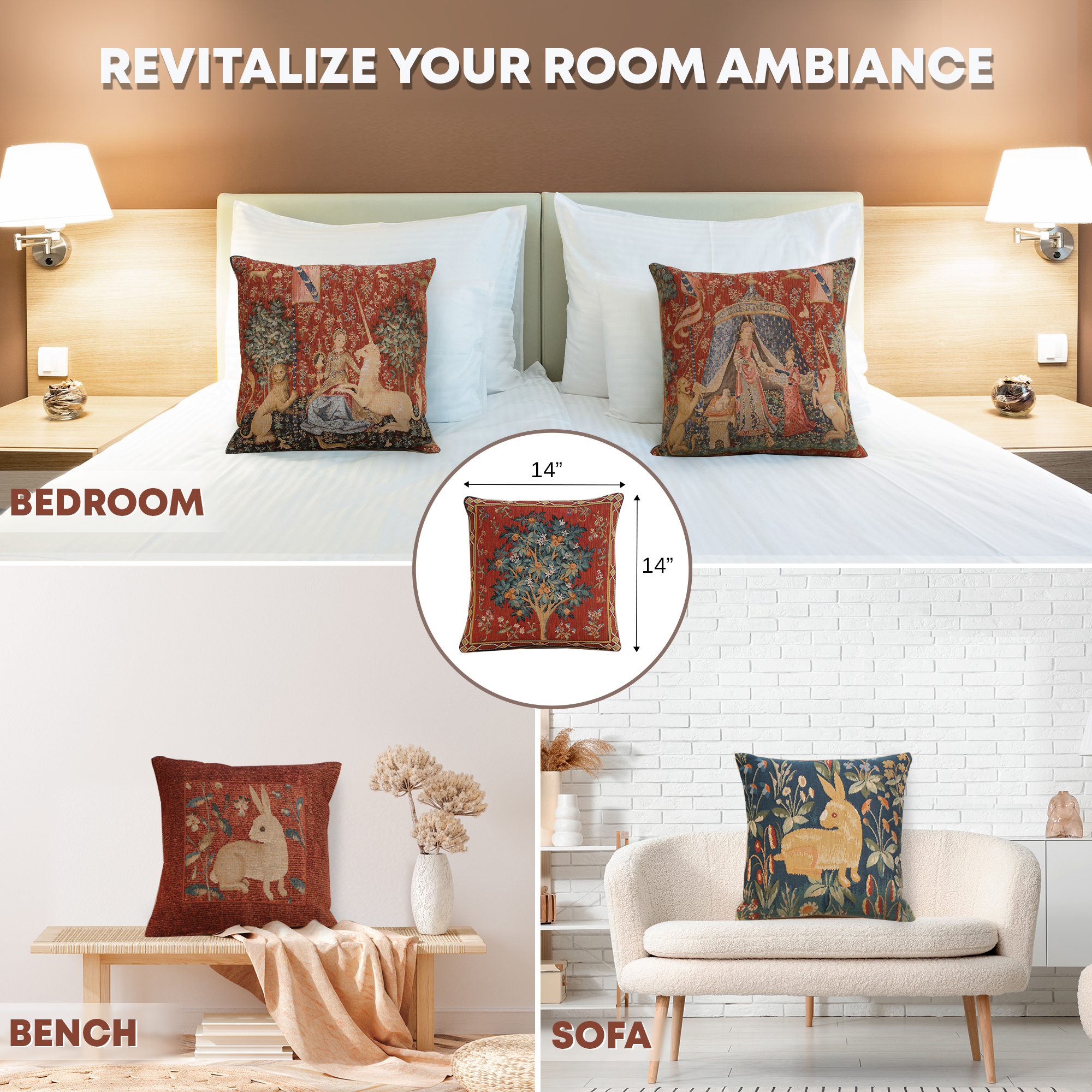 Medieval Orange Tree Small Tapestry Pillow Cover 14x14 Inch Cotton Jacquard Woven Cushion Cover